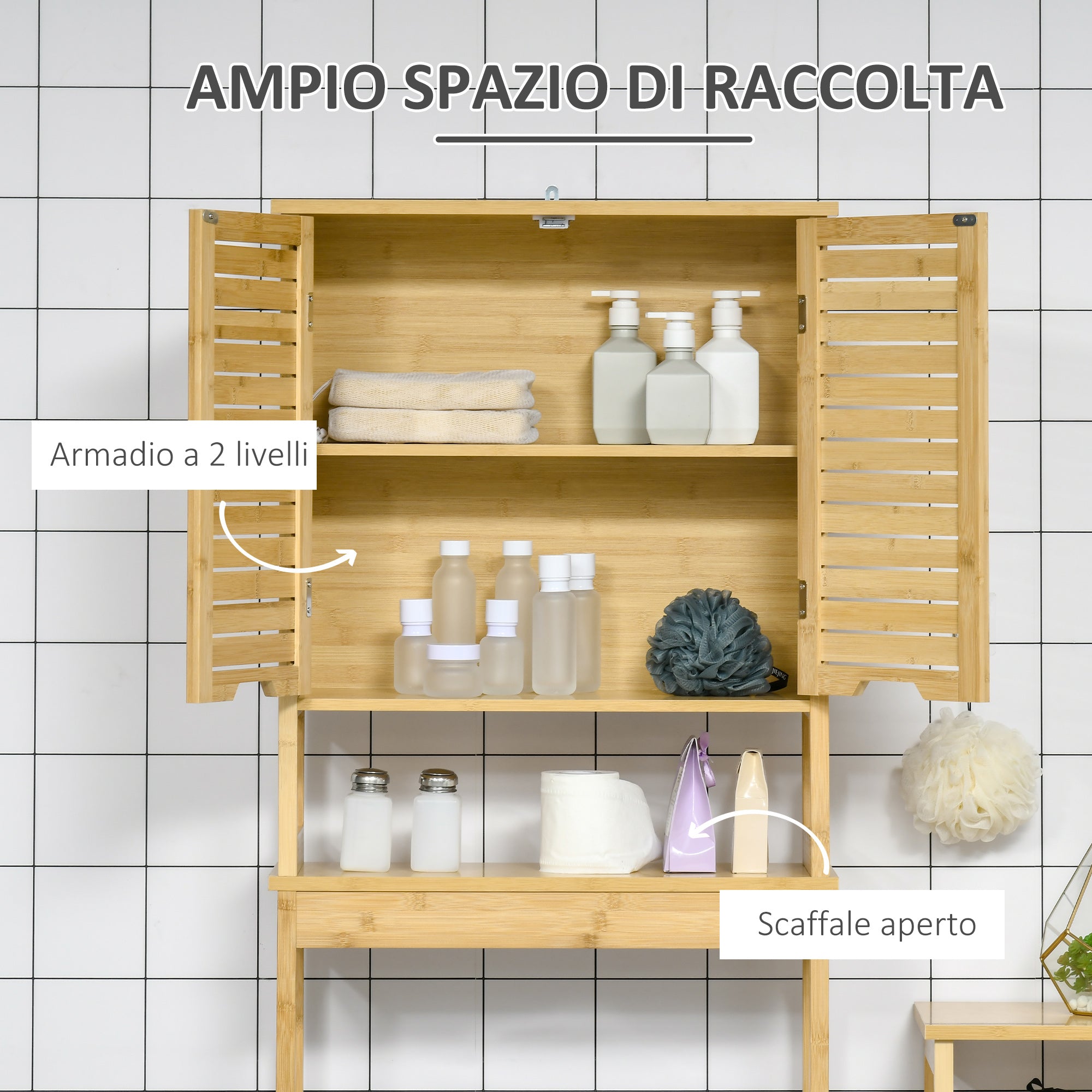 EASYCOMFORT Mobile Bagno Sopra WC Salvaspazio in Bambù , Scaffale per  Lavatrice con Armadietto a 2 Ante, 60x23x173cm