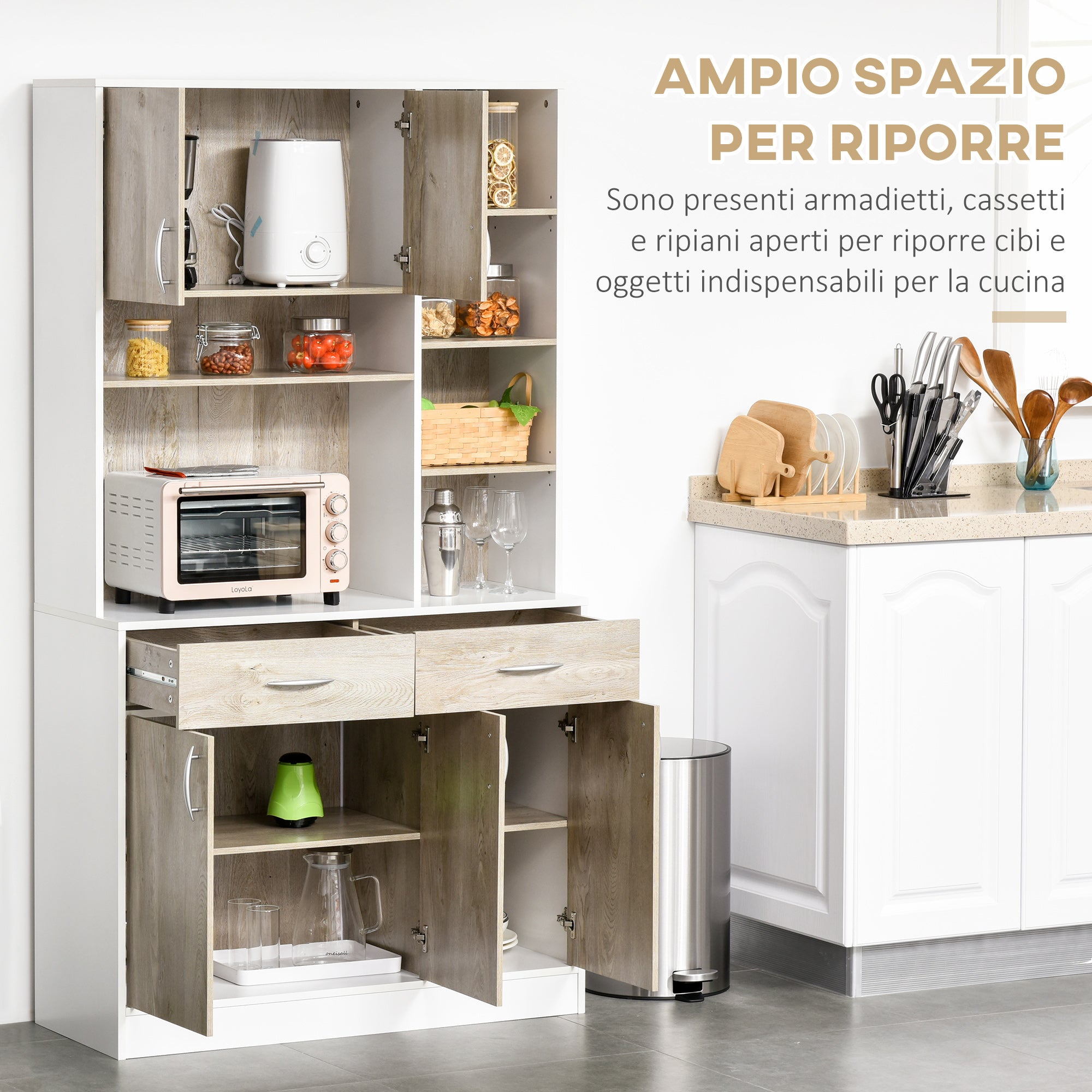 EASYCOMFORT Mobile Buffet Dispensa Cucina, Ante Cassetti e Vani Aperti,  100L x 39P x 181.5Acm Bianco e Legno