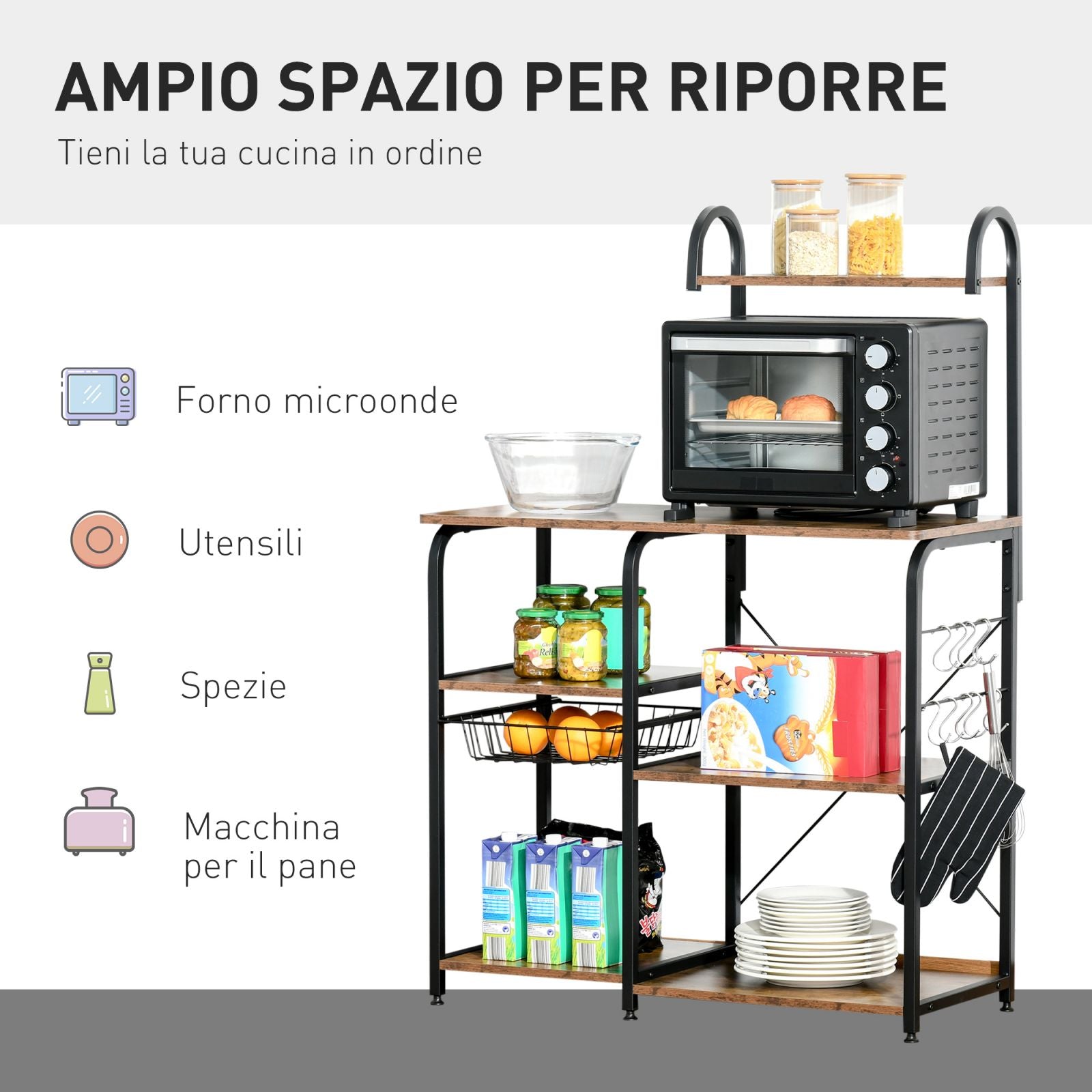 EASYCOMFORT Mobile Cucina con 5 Ganci, 3 Ripiani e 4 Cestelli in