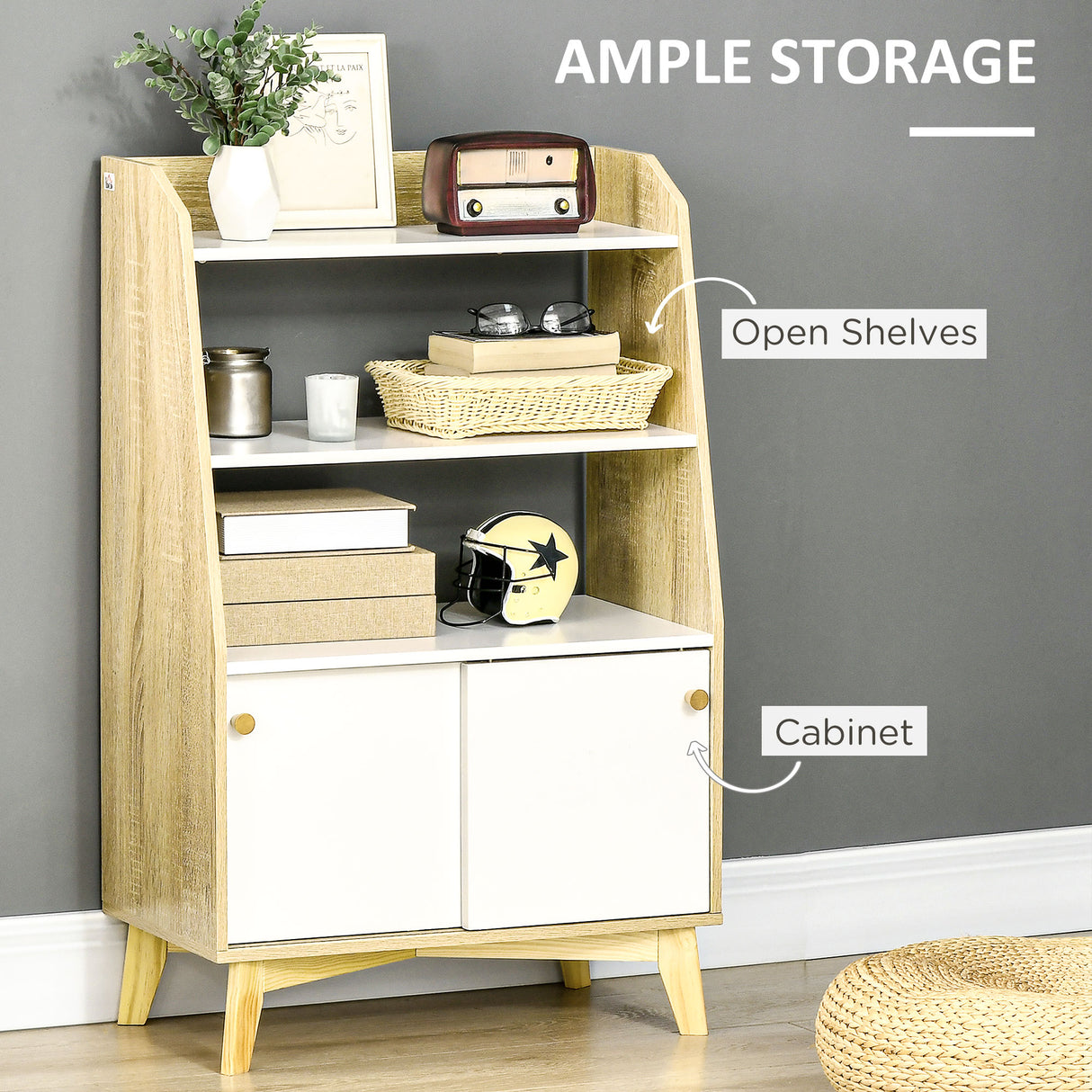 easycomfort easycomfort mobile da salotto con scaffale aperto a 2 livelli e armadietto a 2 ante in truciolato e legno di pino 58x30x93 cm