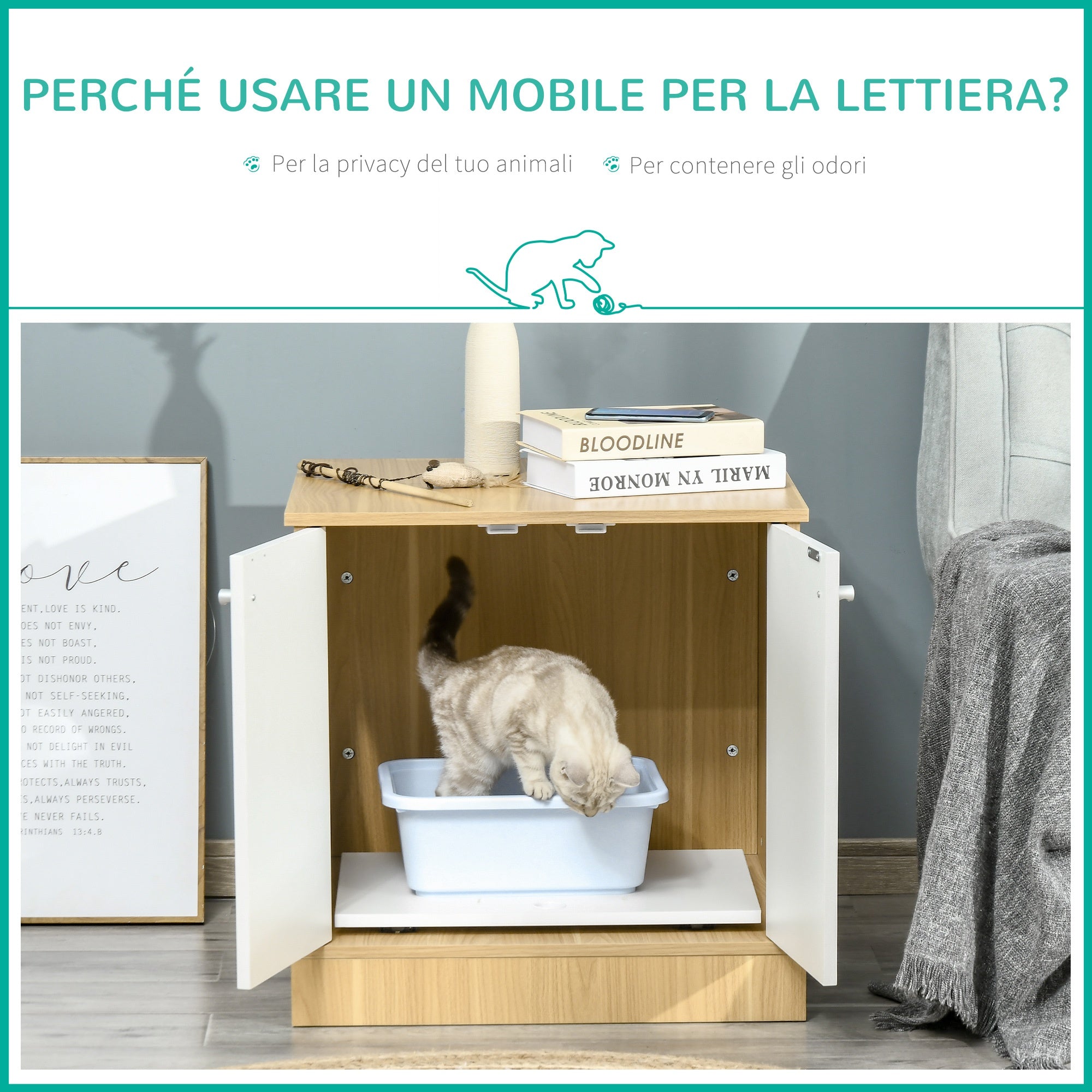 Mobile Lettiera per Gatti Bianco con Ingresso Laterale e Chiusura Magnetica