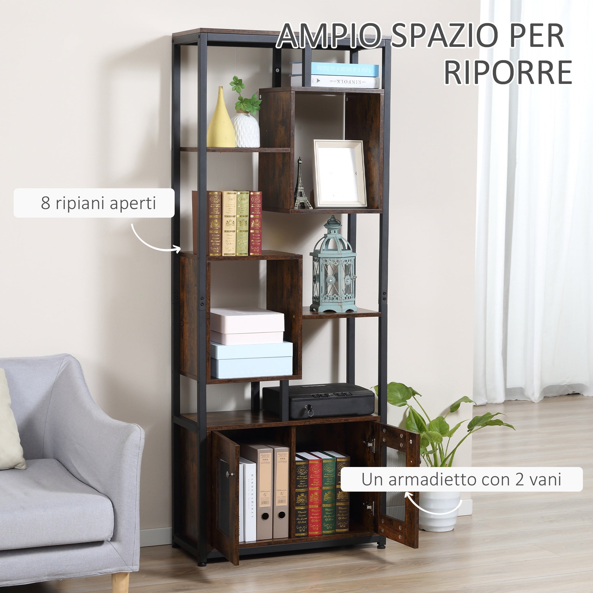 EASYCOMFORT Mobile Libreria Scaffale in Stile Industriale con Armadietto a  2 Ante, Scaffale Salvaspazio a 8 Ripiani per Casa e Ufficio, 70x30x180cm,  Marrone