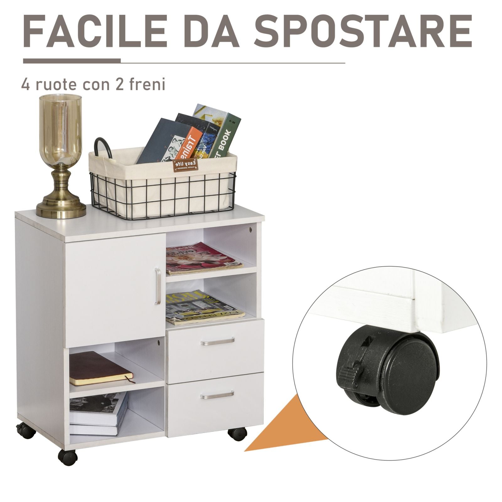 EASYCOMFORT Mobile per Stampante in Legno 2 Cassetti e 1 Anta, Bianco,  60x65x35cm