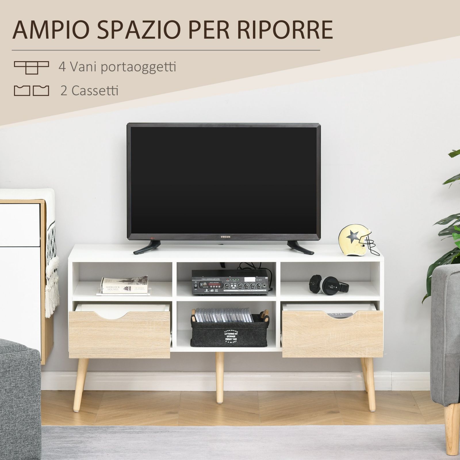EASYCOMFORT Mobile porta TV in Legno con Ruote, Bianco, 80x40x40cm