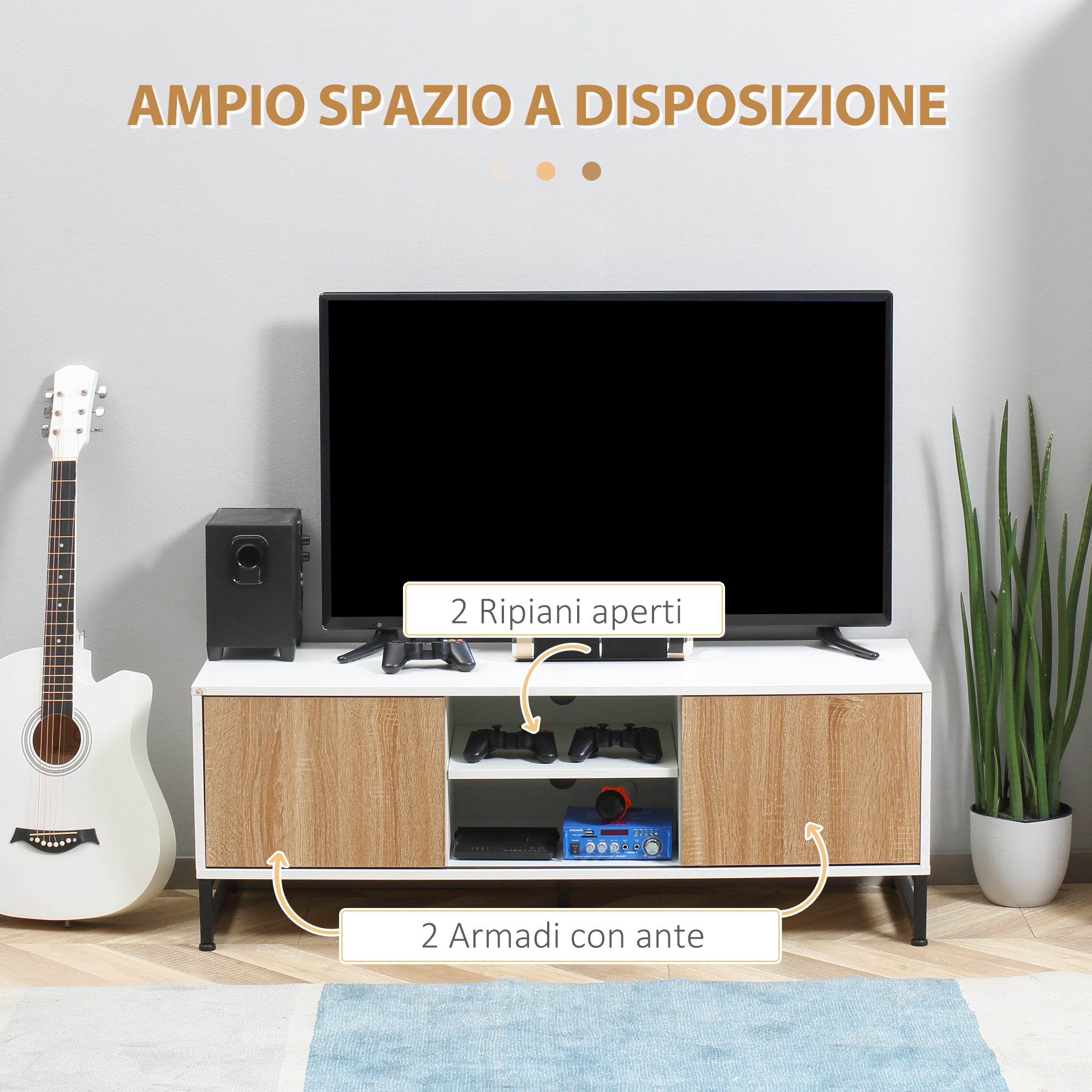 EASYCOMFORT Mobile TV Moderno 50 max in Truciolato e Acciaio con 2 Ripiani Aperti  e 2 Armadietti Chiusi, 120x39.5x45 cm