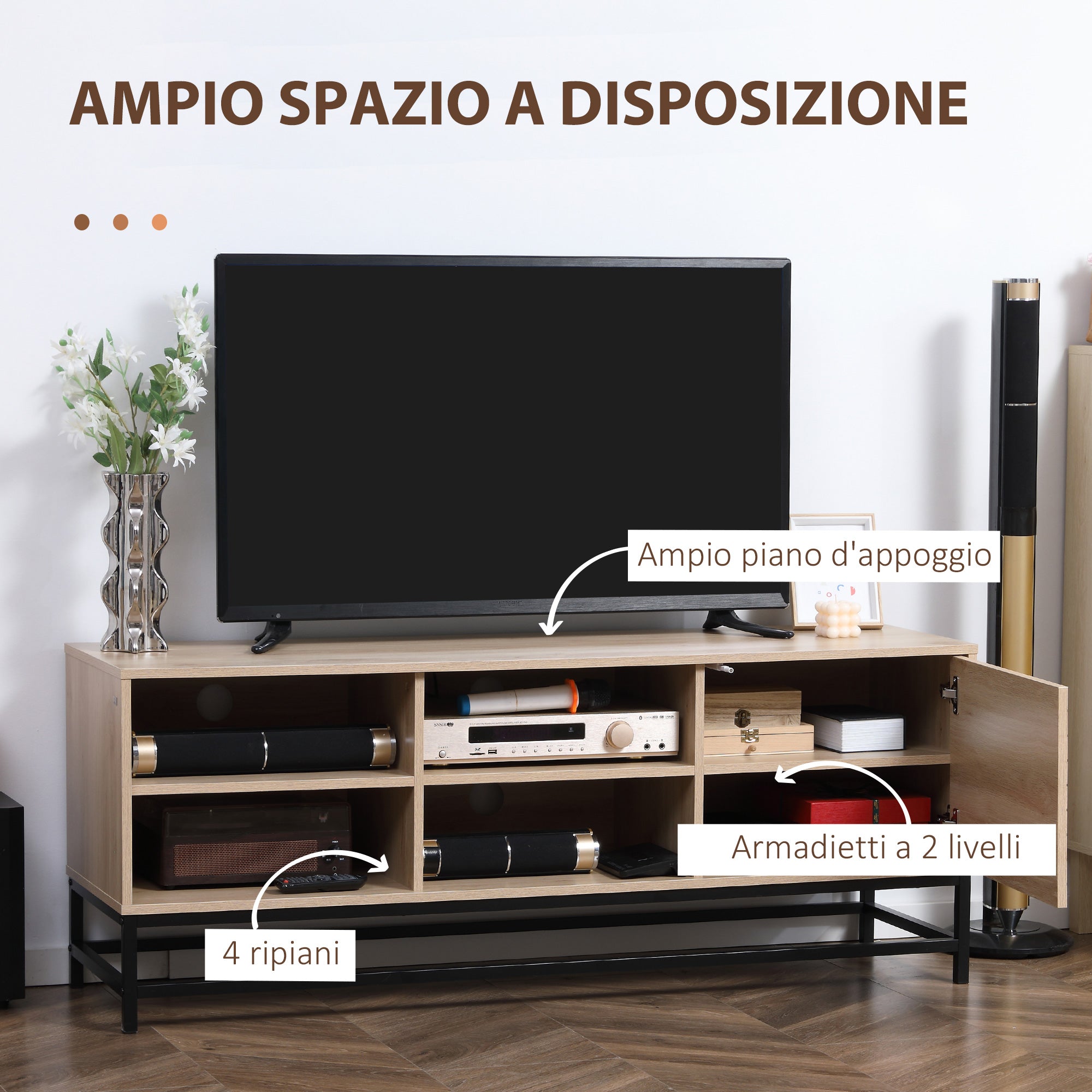 EASYCOMFORT Mobile Porta TV fino a 60 con 2 Armadietti e Ripiani Aperti  Stile Boho, 120x40x42 cm