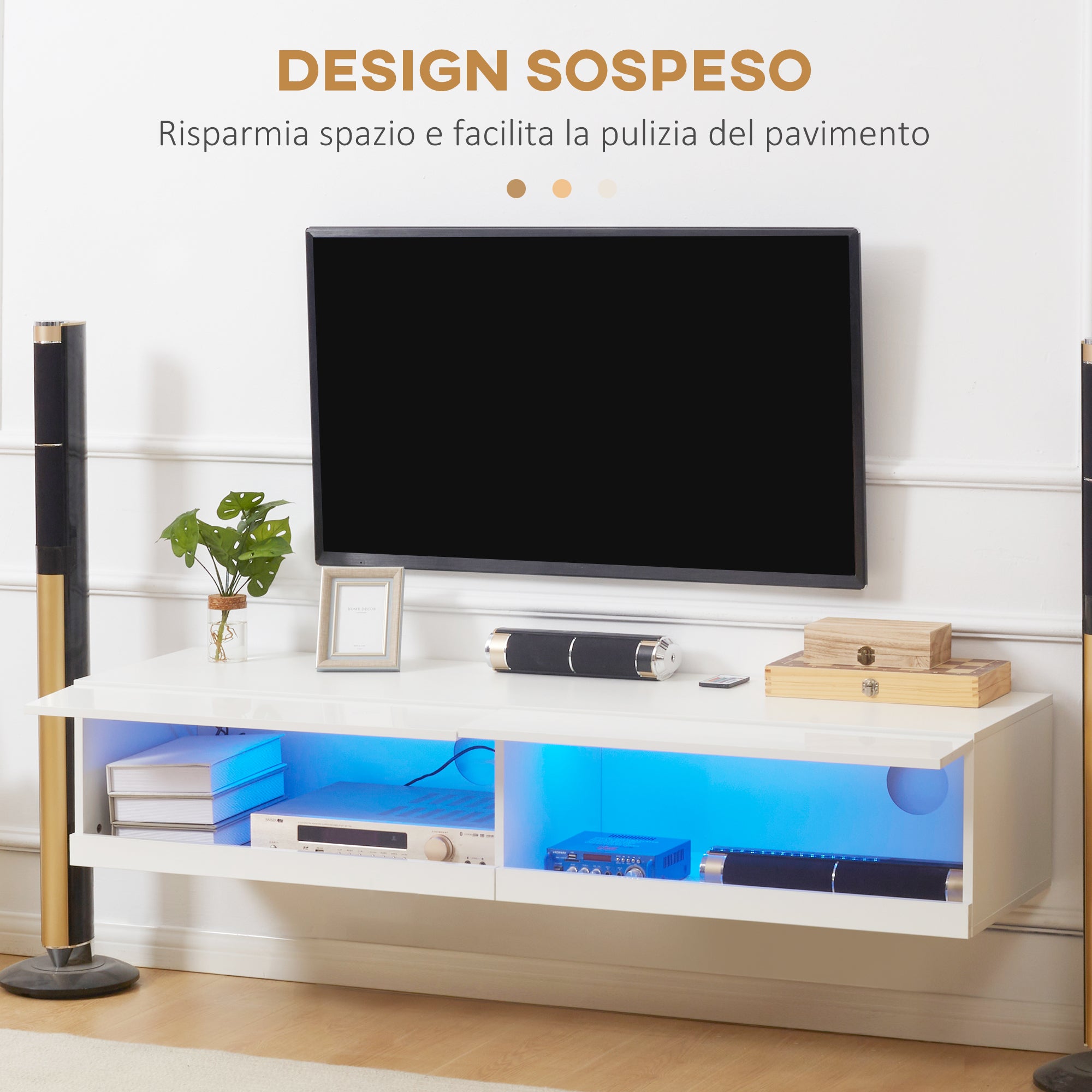 EASYCOMFORT Mobile TV Sospeso 65 max in Truciolato con 2 Armadietti a Ribalta  e Luci LED, 150x40x30 cm