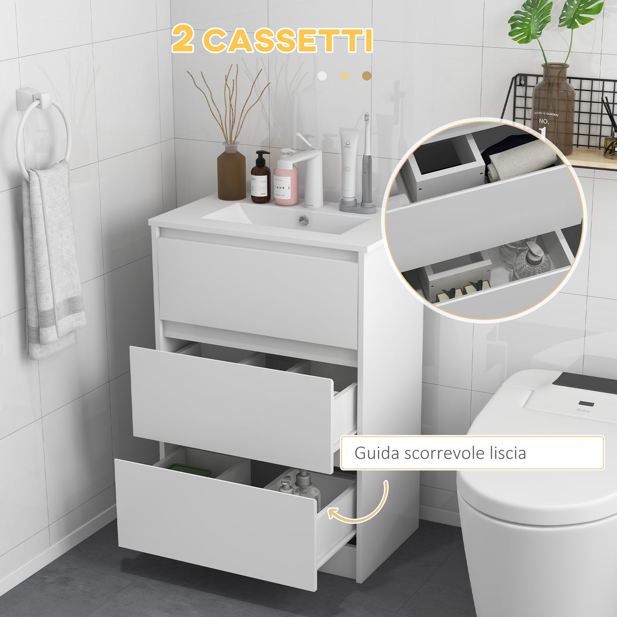 easycomfort easycomfort mobiletto bagno a 2 cassetti in truciolato con lavabo in ceramica sintetica 61x37x88 cm bianco