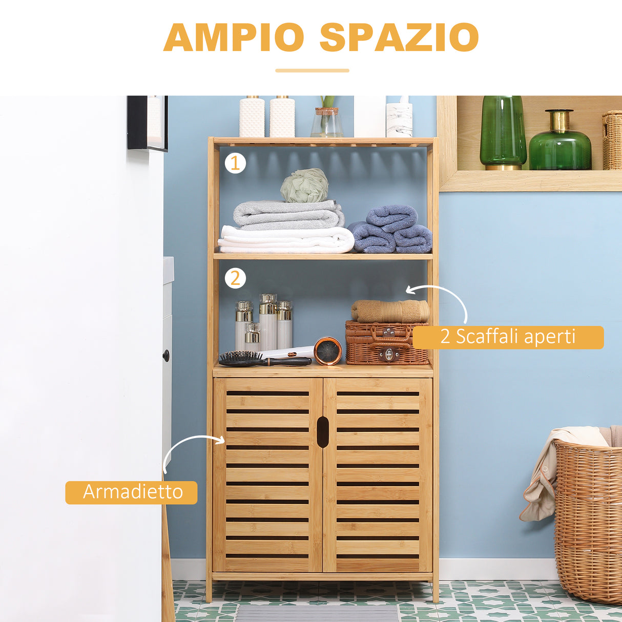 easycomfort easycomfort mobiletto bagno con 2 ripiani aperti e armadietto a 2 ante in bambu 60x30x120cm