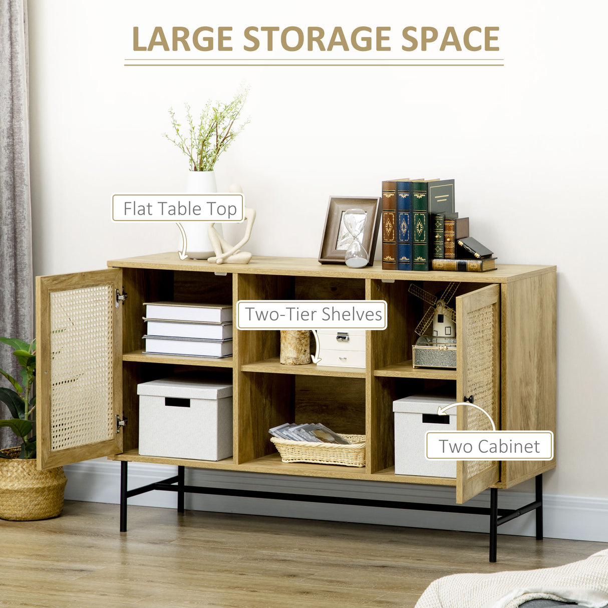 easycomfort easycomfort mobiletto basso in rattan per ingresso e soggiorno con 2 armadietti e ripiano aperto a 2 livelli 120x38x76 2 cm