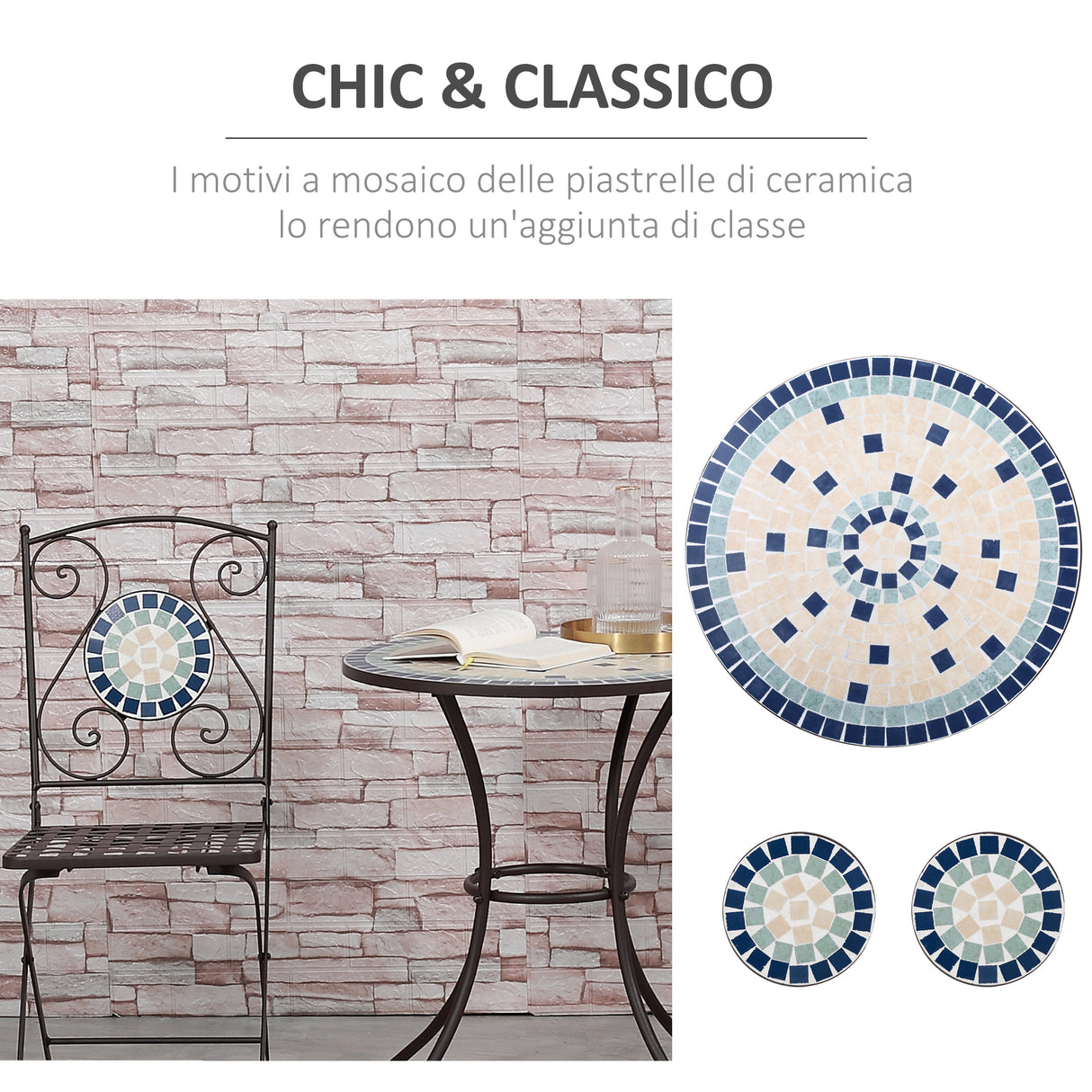 easycomfort easycomfort mobili da giardino set 3 pezzi con 2 sedie pieghevoli e 1 tavolino rotondo in metallo e ceramica