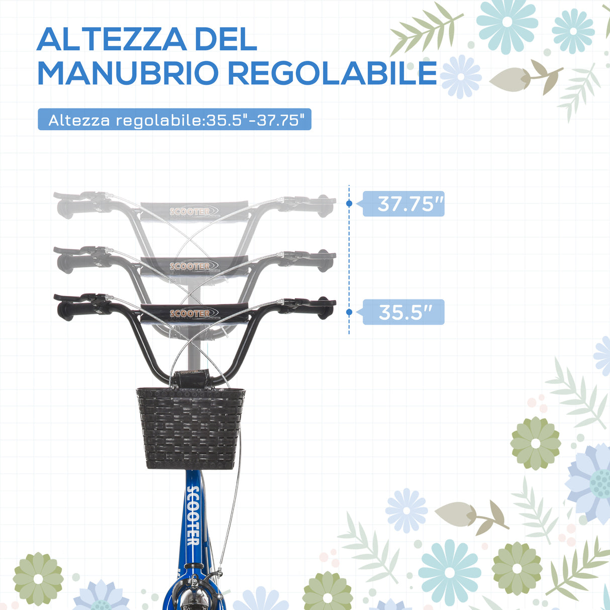 easycomfort easycomfort monopattino per bambini con ruote grandi 2 freni e manubrio regolabile cestino e porta borraccia blu