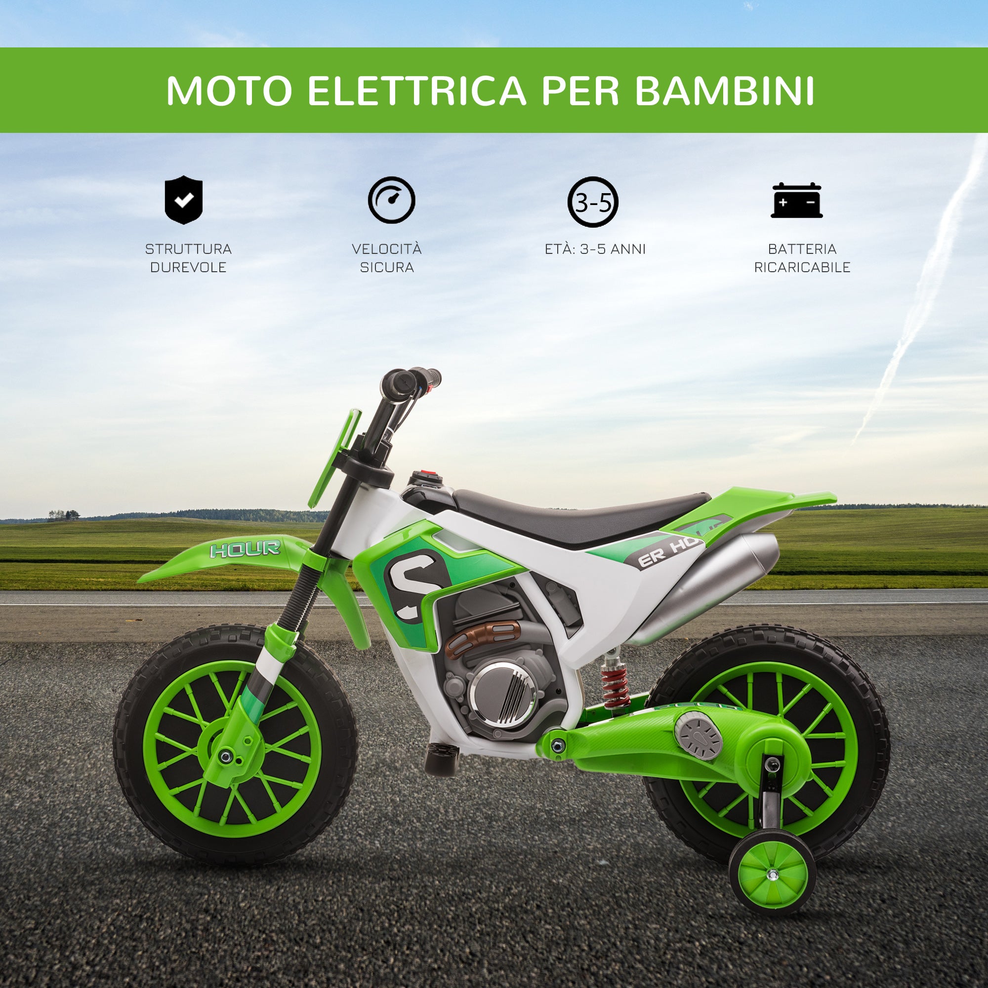 EASYCOMFORT Moto da Cross Elettrica per Bambini da 3-5 Anni, Batteria 12V  Ricaricabile e Rotelline Rimovibili, 106.5x51.5x68cm, Verde