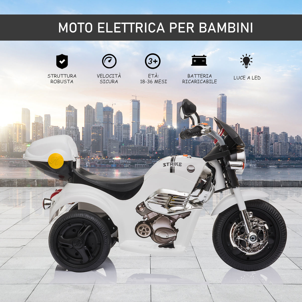 easycomfort easycomfort moto elettrica per bambini 6v a 3 ruote con luci e musica velocita 3kmh eta 18 36 mesi 87x46x54cm bianco