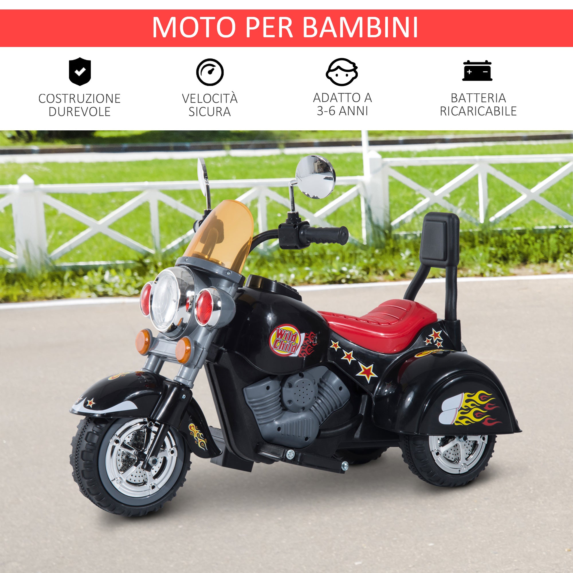 EASYCOMFORT Moto Elettrica per Bambini con 3 Ruote 6V, Nero