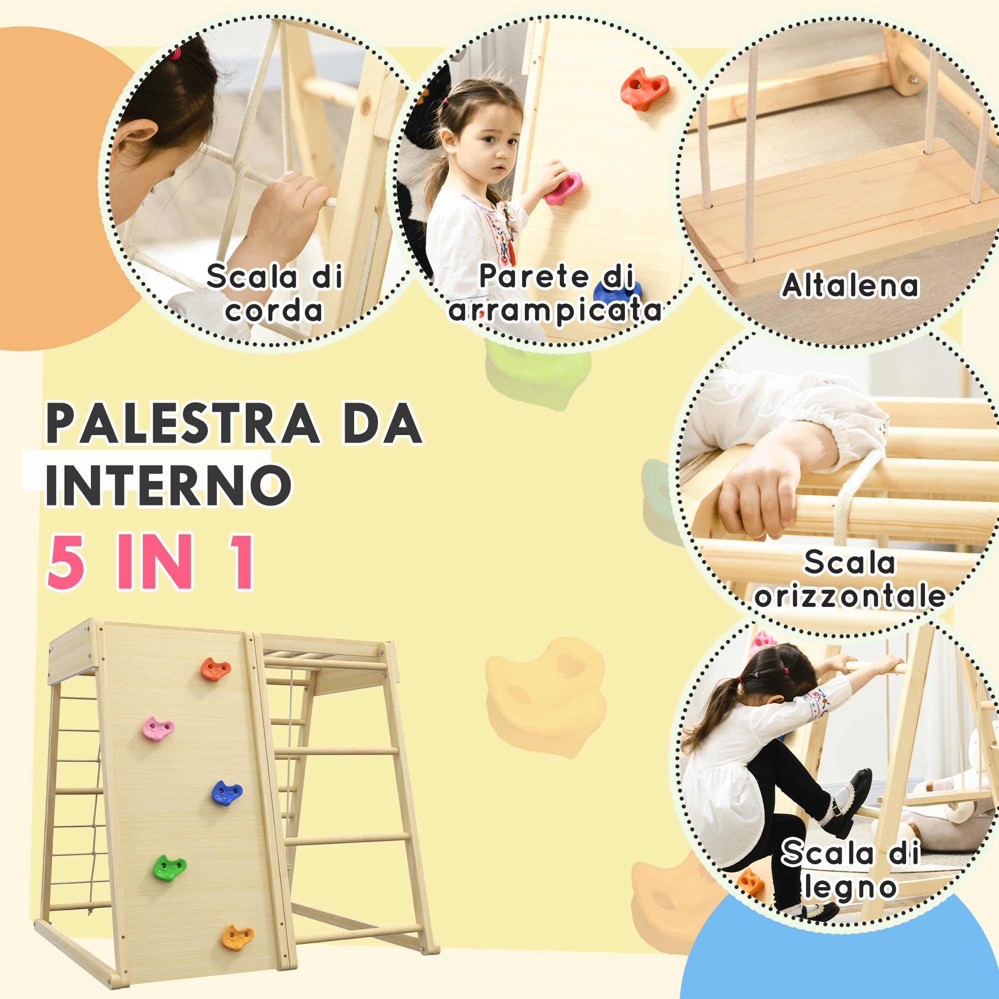 EASYCOMFORT Palestrina per Bambini 3+ Anni 5 in 1 con Parete da Arrampicata,  3 Scale e Altalena, 120x105x120 cm