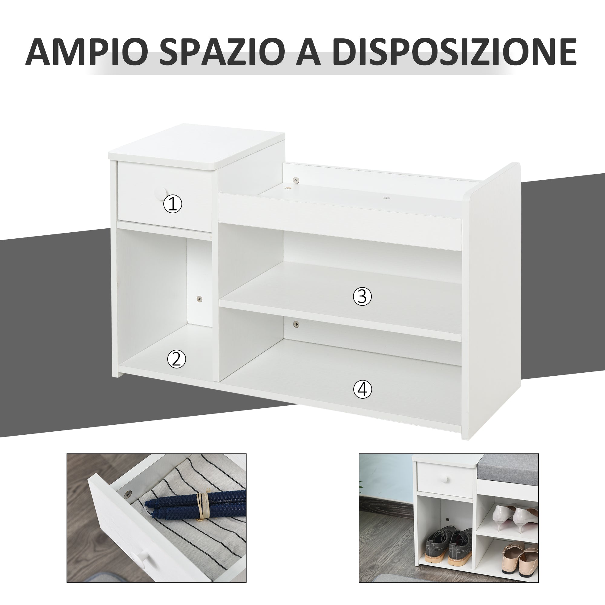 EASYCOMFORT Panca Scarpiera con Cuscino, Cassetto e 3 Vani Aperti in Legno,  81x31.5x49cm, Bianco