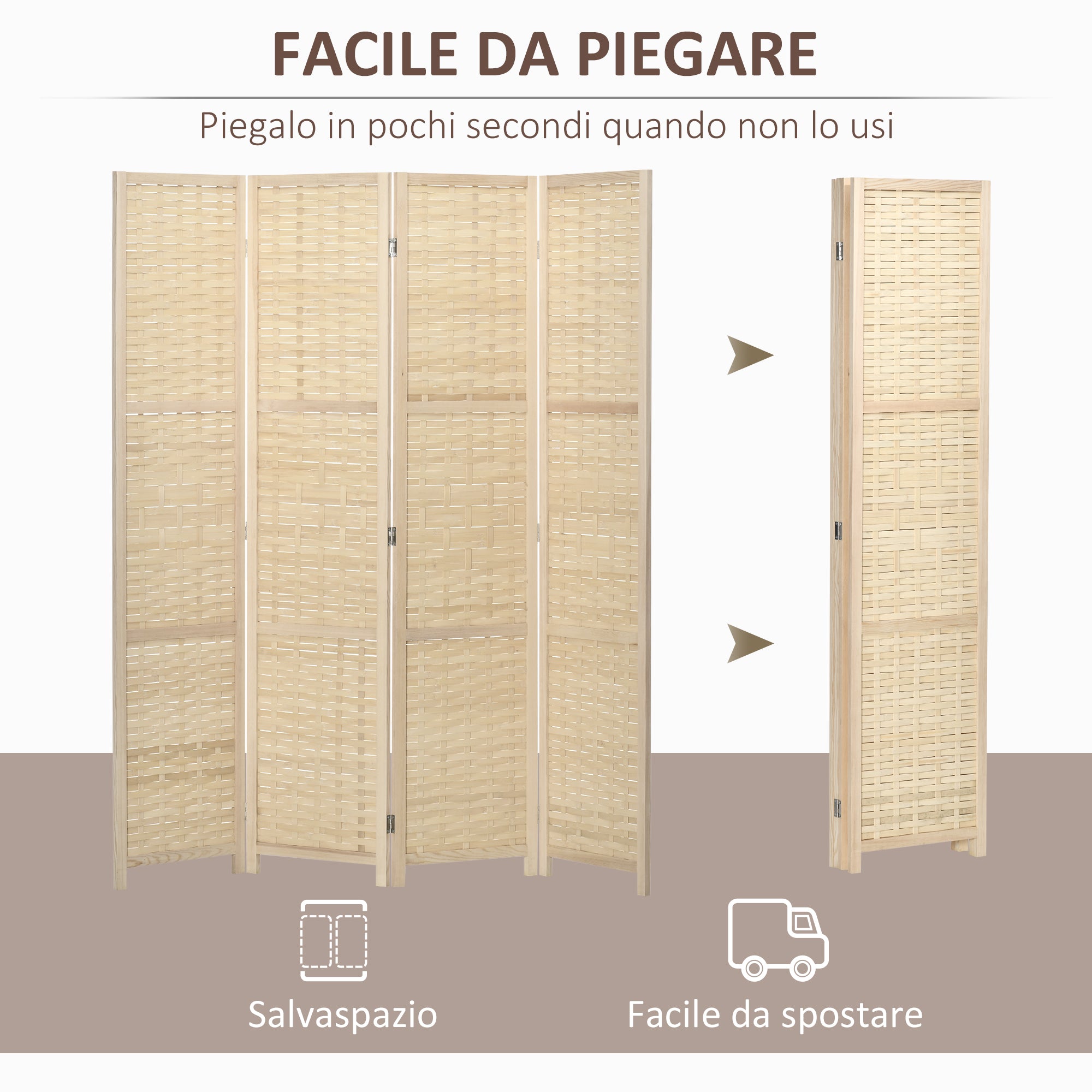 EASYCOMFORT Paravento Separé da Interno a 4 Ante in Legno e Bambù,  Pieghevole e Salvaspazio Altezza 170cm, Marrone