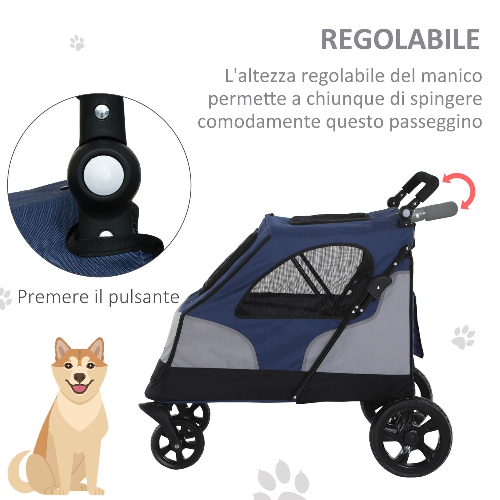 EASYCOMFORT Passeggino per Cani fino a 30kg Pieghevole con Manubrio  Regolabile, Grigio e Blu