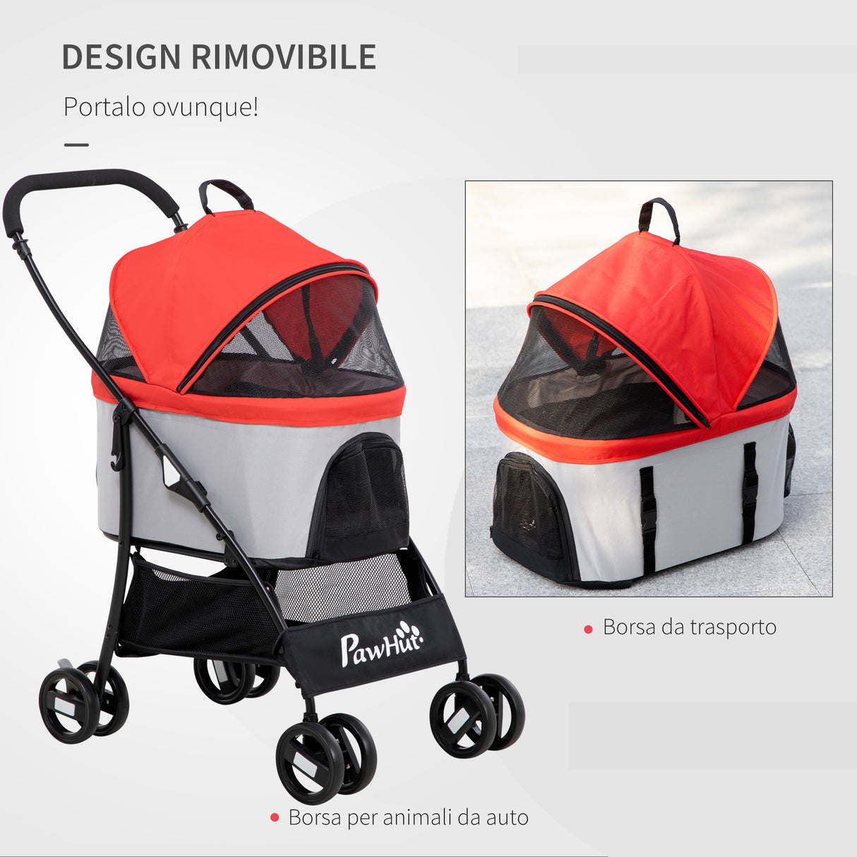 easycomfort easycomfort passeggino per cani pieghevole con trasportino rimovibile e tettuccio 82x49 5x98cm rosso