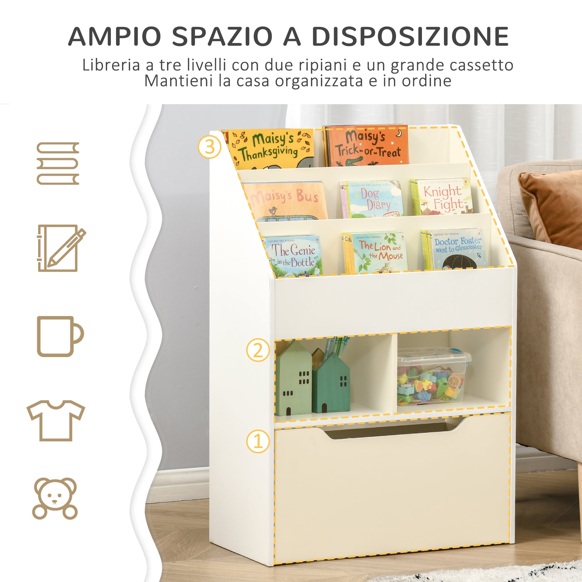 EASYCOMFORT Piccola Libreria per Bambini con Ripiani e Cassetto in MDF,  60x29.9x90cm, Bianco