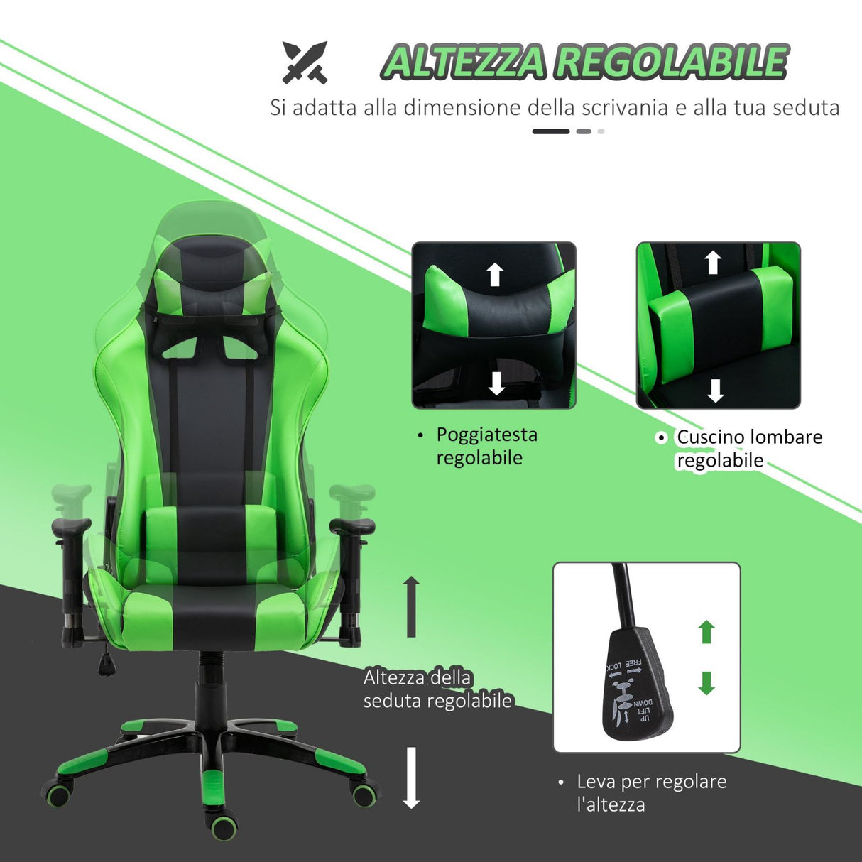 easycomfort easycomfort poltrona da ufficio gaming girevole reclinabile nero e verde ecopelle ean 8055776913452