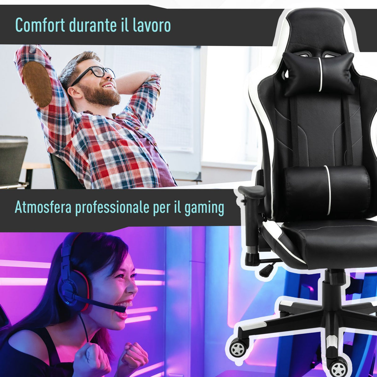 easycomfort easycomfort poltrona gaming con altezza e schienale regolabile sedia da ufficio nera e bianca ean 8055776913728