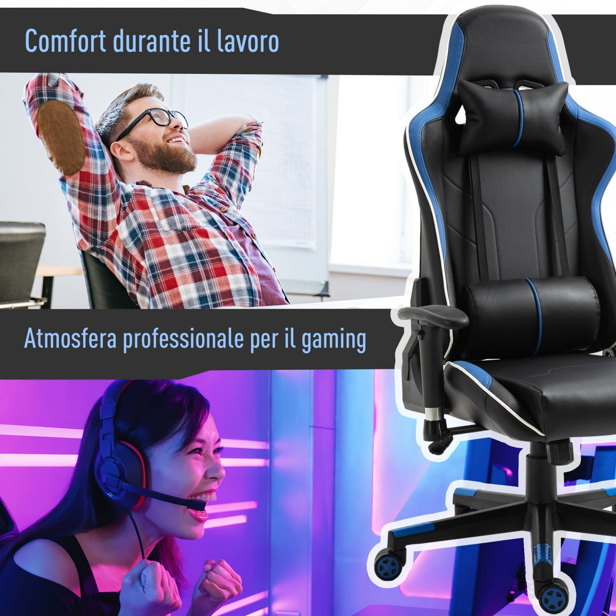 easycomfort easycomfort poltrona gaming con altezza e schienale regolabile sedia da ufficio nera e blu ean 8055776913216