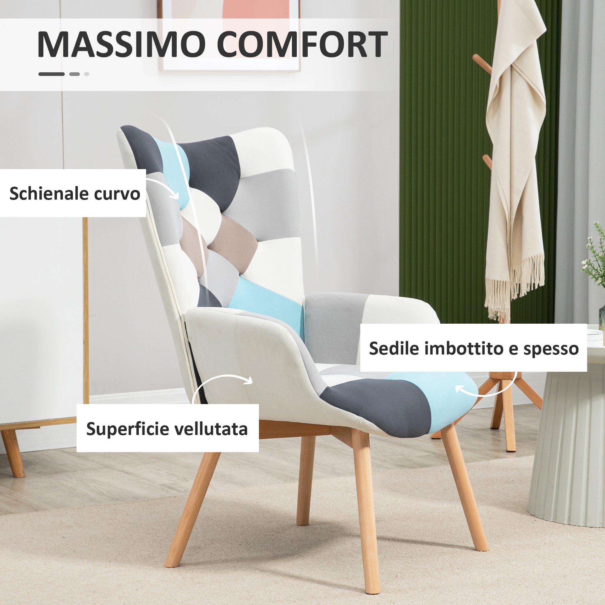 EASYCOMFORT Poltroncina da Camera in Velluto Trapuntato e Gambe in Legno,  66x76x98cm, Multicolore