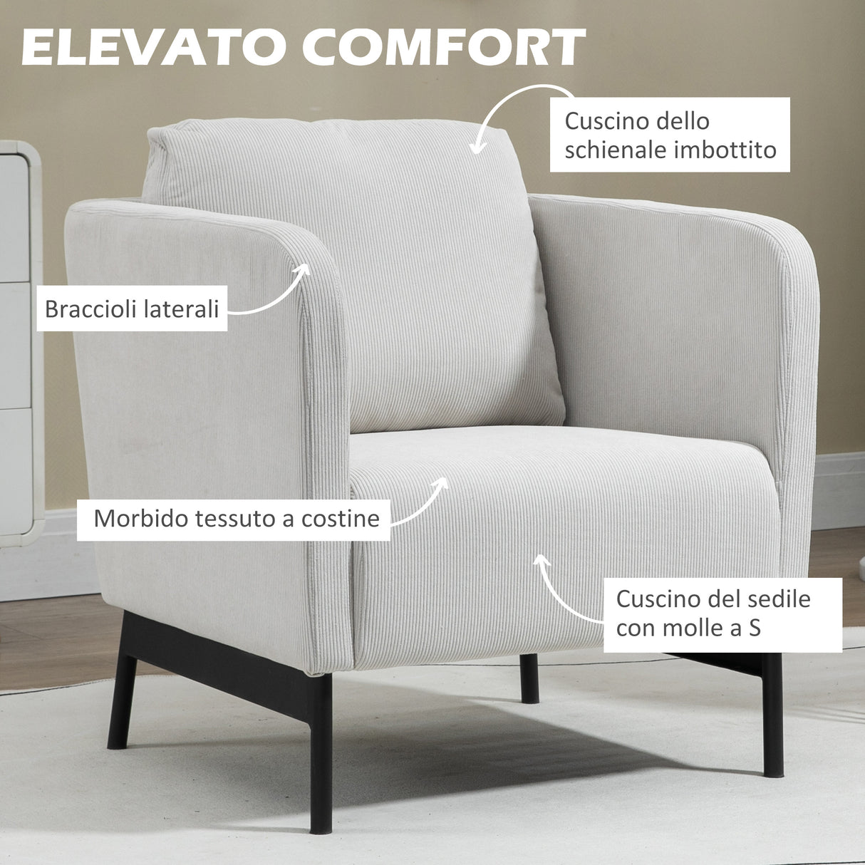 easycomfort easycomfort poltroncina in velluto a coste con gambe in acciaio e cuscino posteriore 73x74x82cm grigio