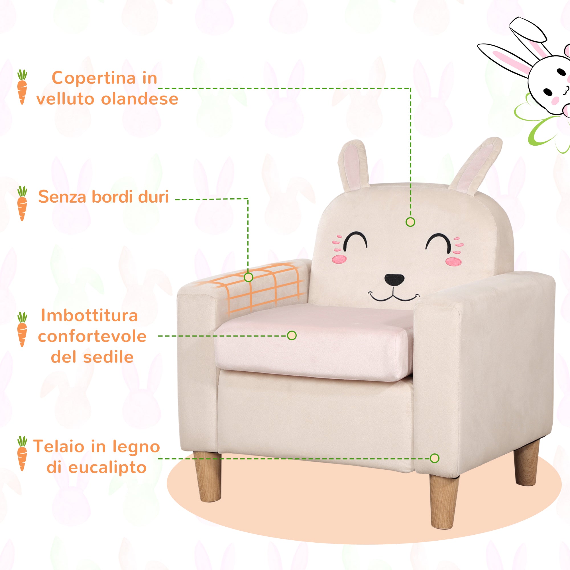 EASYCOMFORT Poltroncina per Bambini con Design a Coniglio e Gambe in Legno,  53x47x54.5cm, Crema