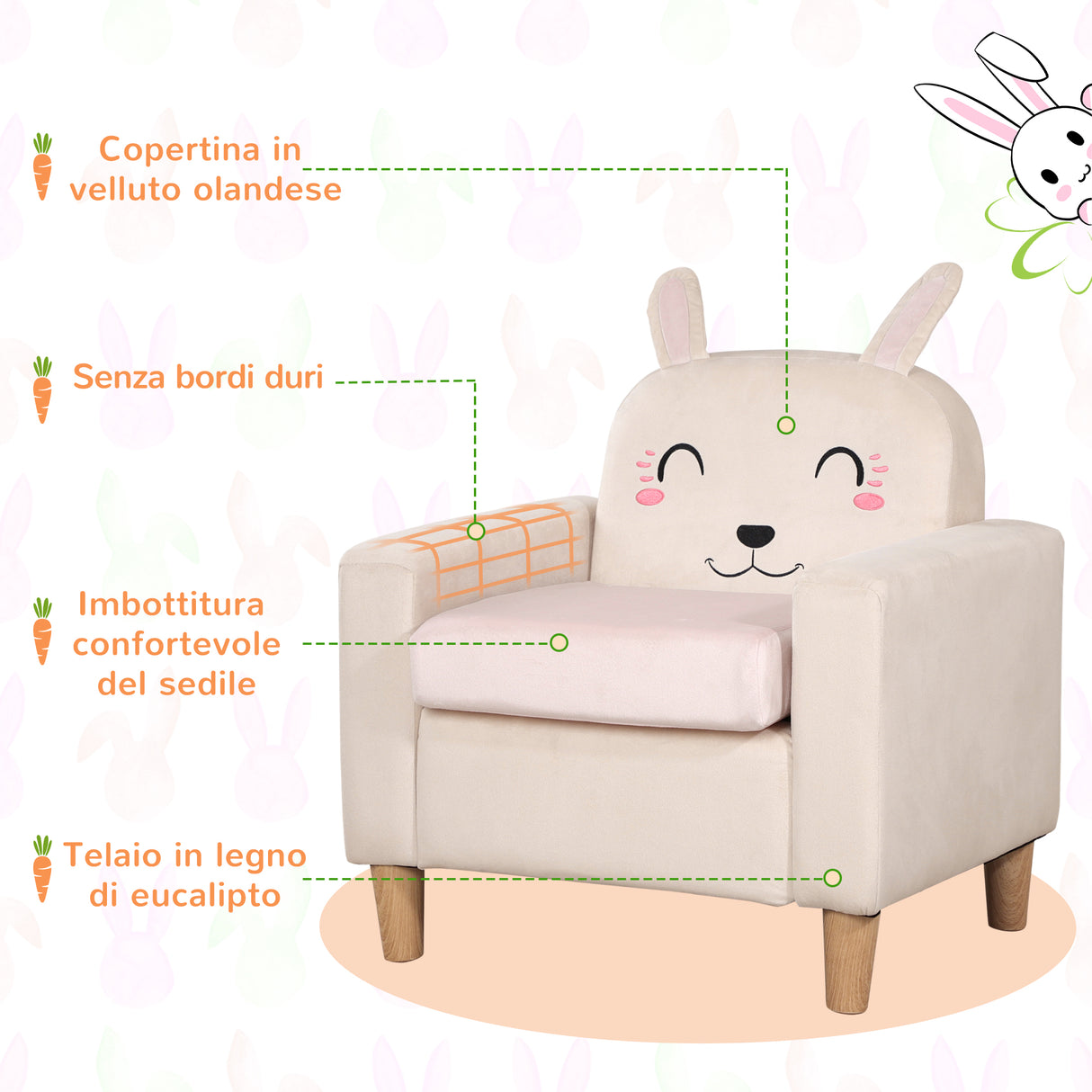 easycomfort easycomfort poltroncina per bambini con design a coniglio e gambe in legno 53x47x54 5cm crema