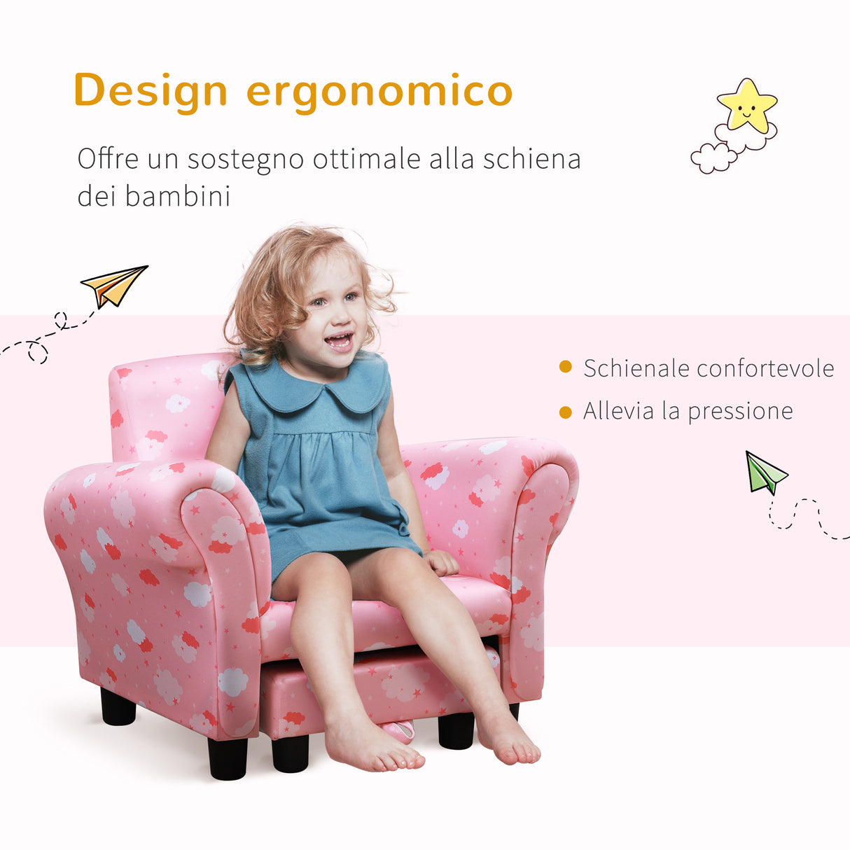 easycomfort easycomfort poltroncina per bambini con poggiapiedi estraibile struttura in legno con imbottitura 57x42x45cm rosa e bianco