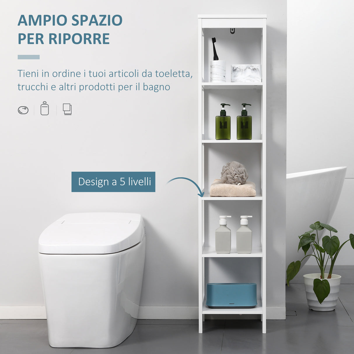 easycomfort easycomfort scaffale bagno salvaspazio a 5 ripiani in legno 30x30x140cm bianco