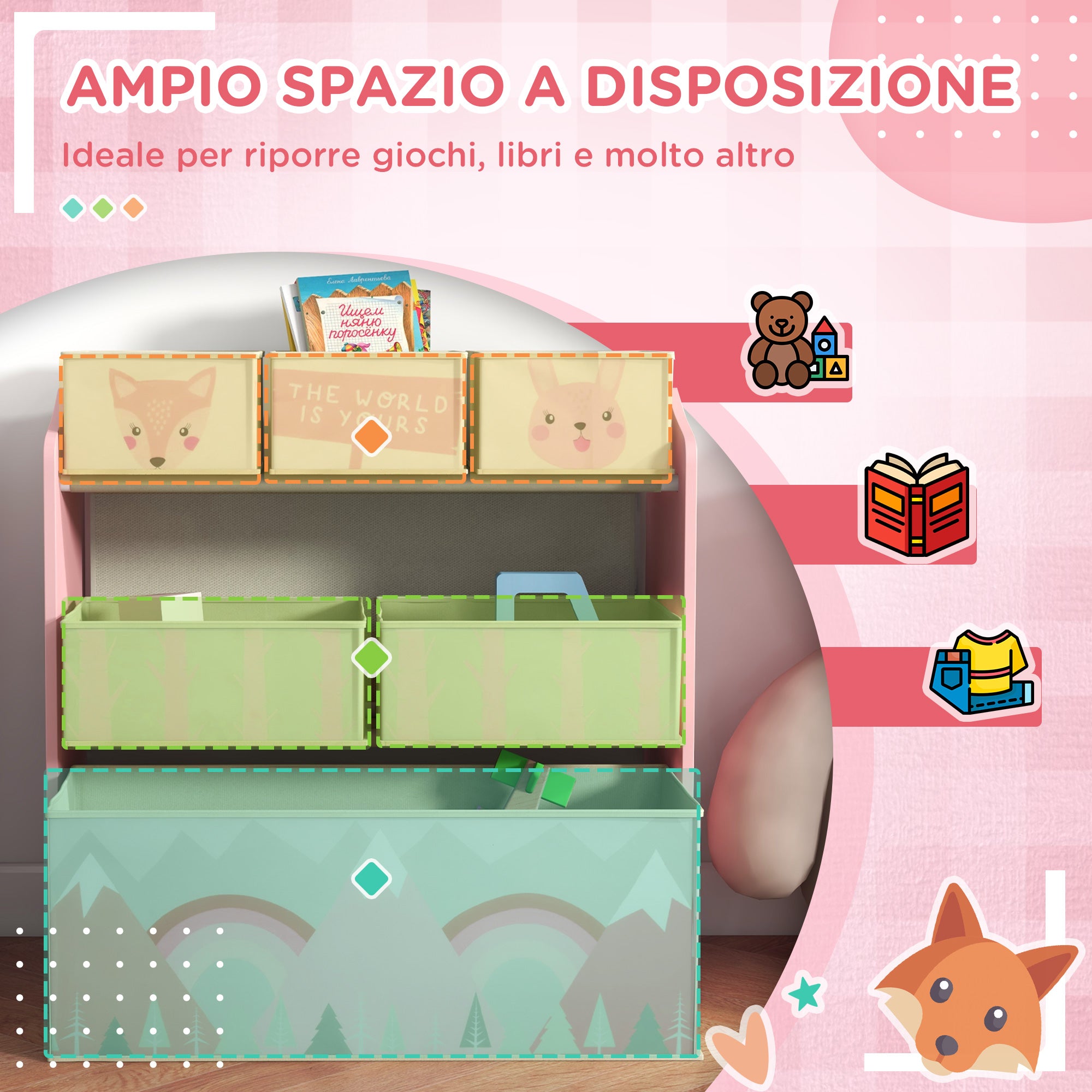 DecHome Scaffale Portagiochi per Bambini con Ripiani Aperti e Cassetti con  Rotelle colore Rosa - 382DHPK