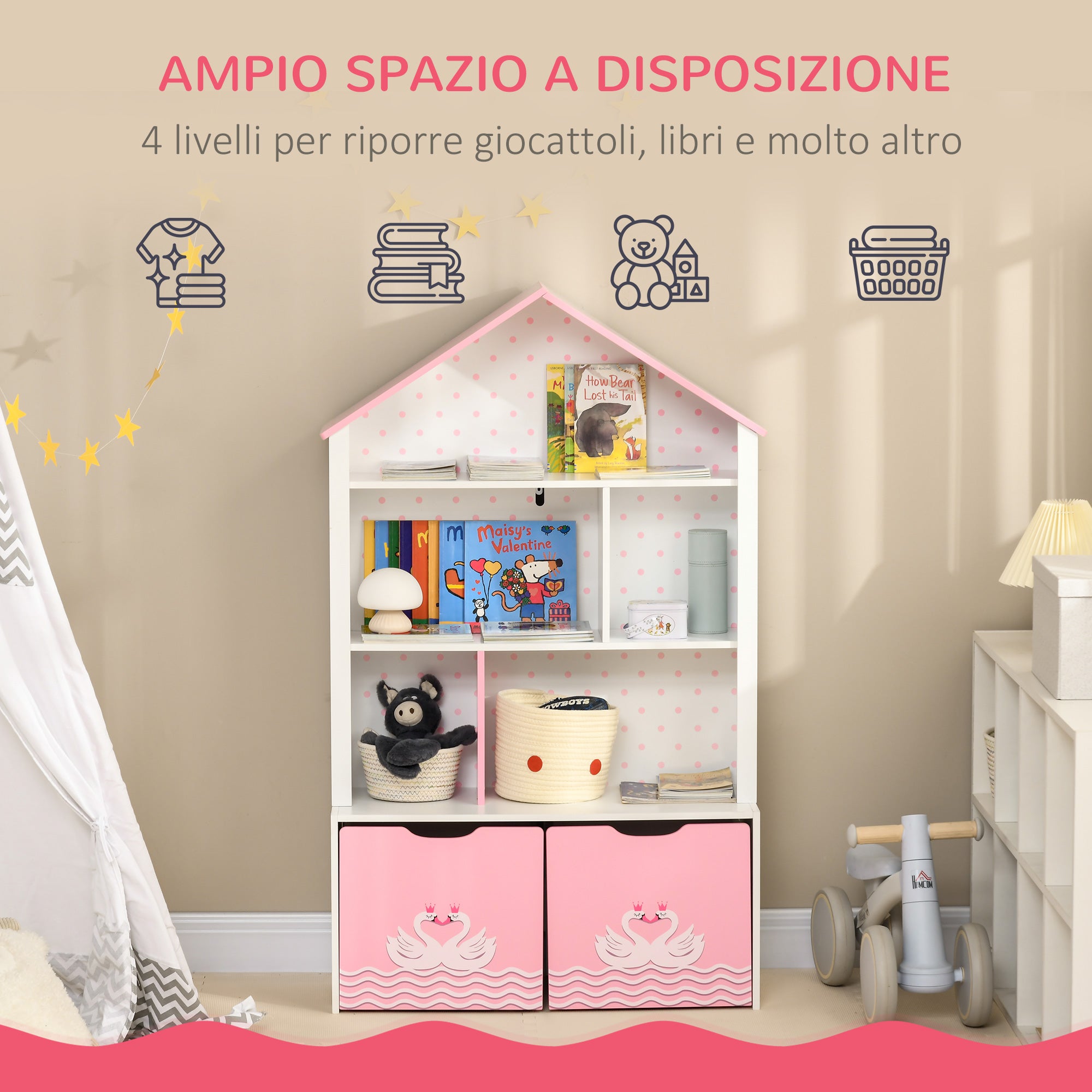 EASYCOMFORT Scaffale Portagiochi per Bambini con Ripiani in Legno
