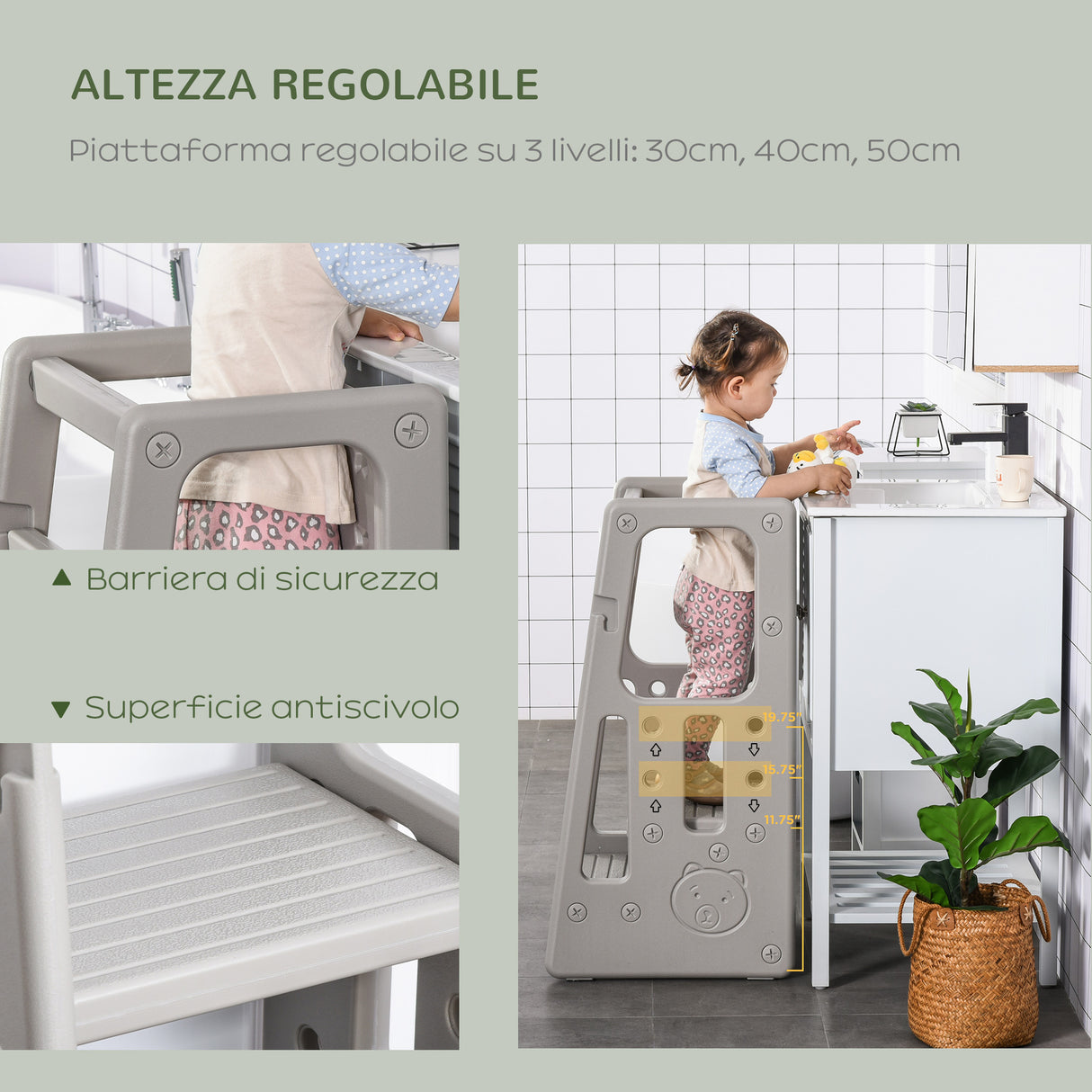 easycomfort easycomfort scaletta per bambini torre montessoriana altezza regolabile 3 livelli 47x47x90cm grigio