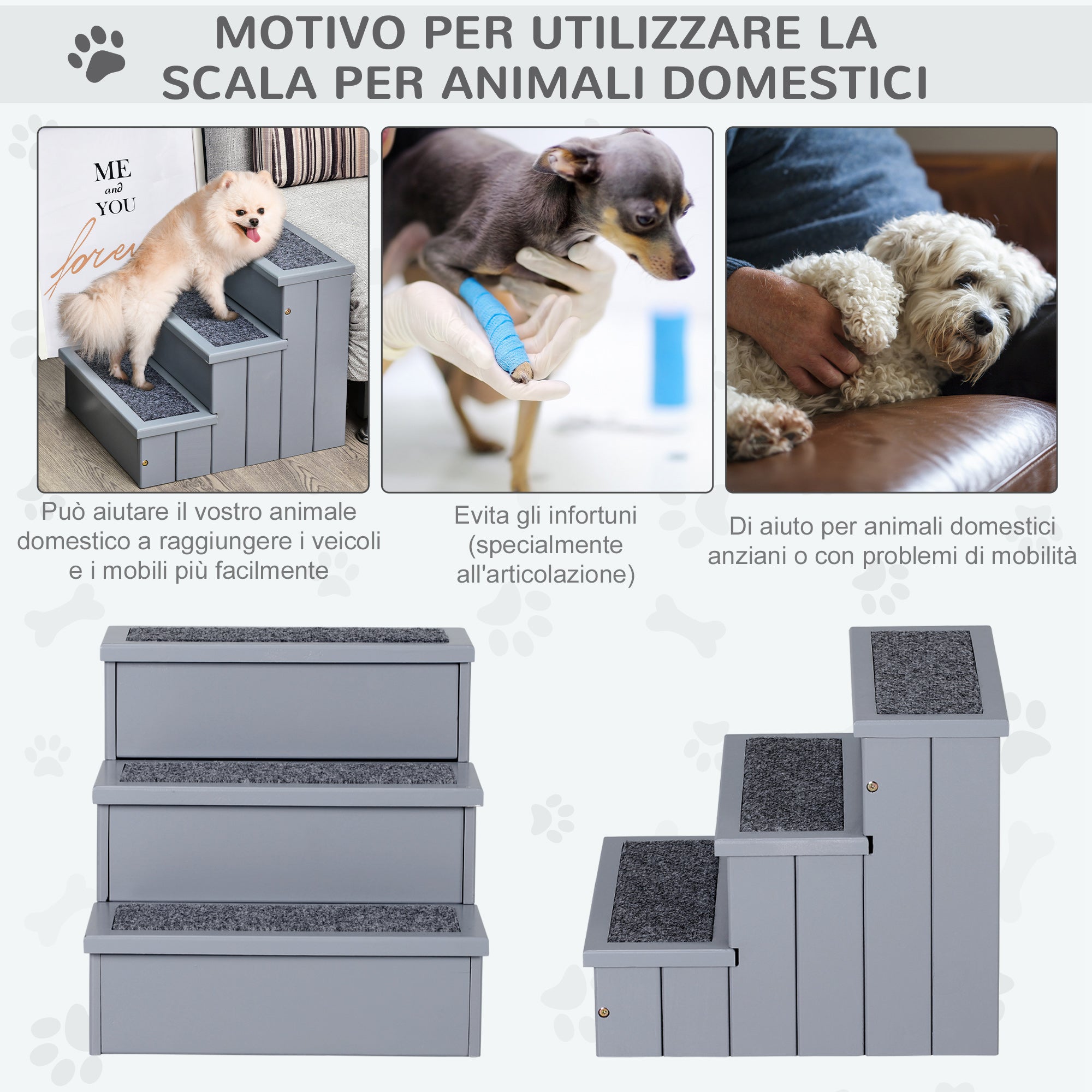 EASYCOMFORT Scaletta per Cani a 3 Gradini con Tappeto Antiscivolo e Spazio  Interno, 40.5x44.5x38cm, Grigio