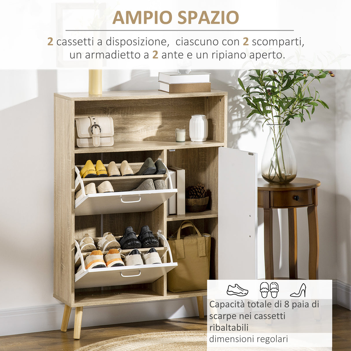 easycomfort easycomfort scarpiera salvaspazio per 8 paia di scarpe con 2 ante e armadietto in legno 80x25 5x112 5cm bianco