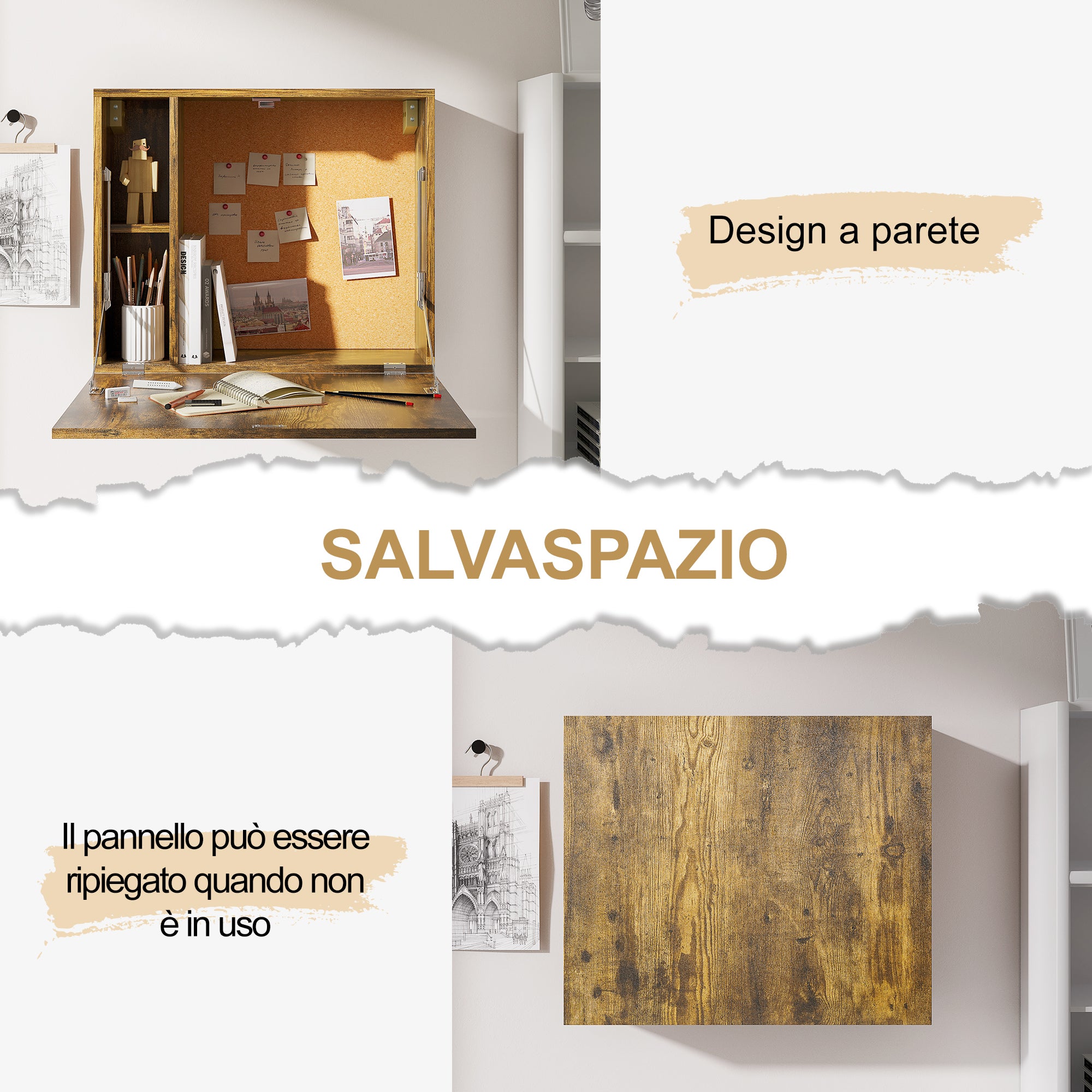 EASYCOMFORT Scrivania a Muro Pieghevole e Salvaspazio con Ripiani per Casa  e Ufficio, in Truciolato e MDF, 60x20x50 cm