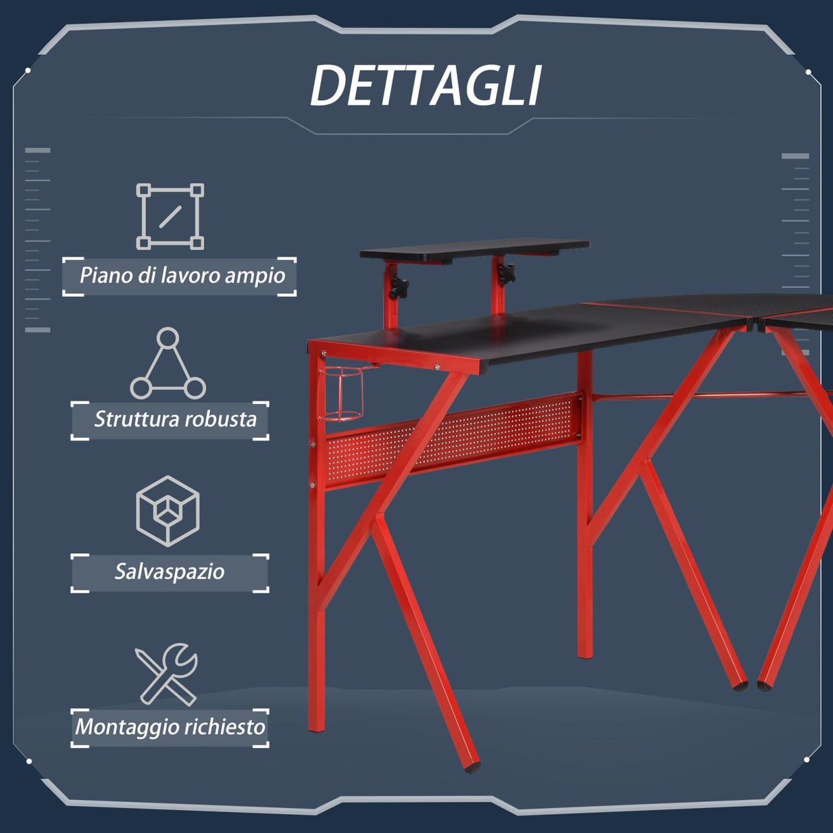 easycomfort easycomfort scrivania gaming porta pc ad angolo in metallo nero e rosso 125x125x75cm