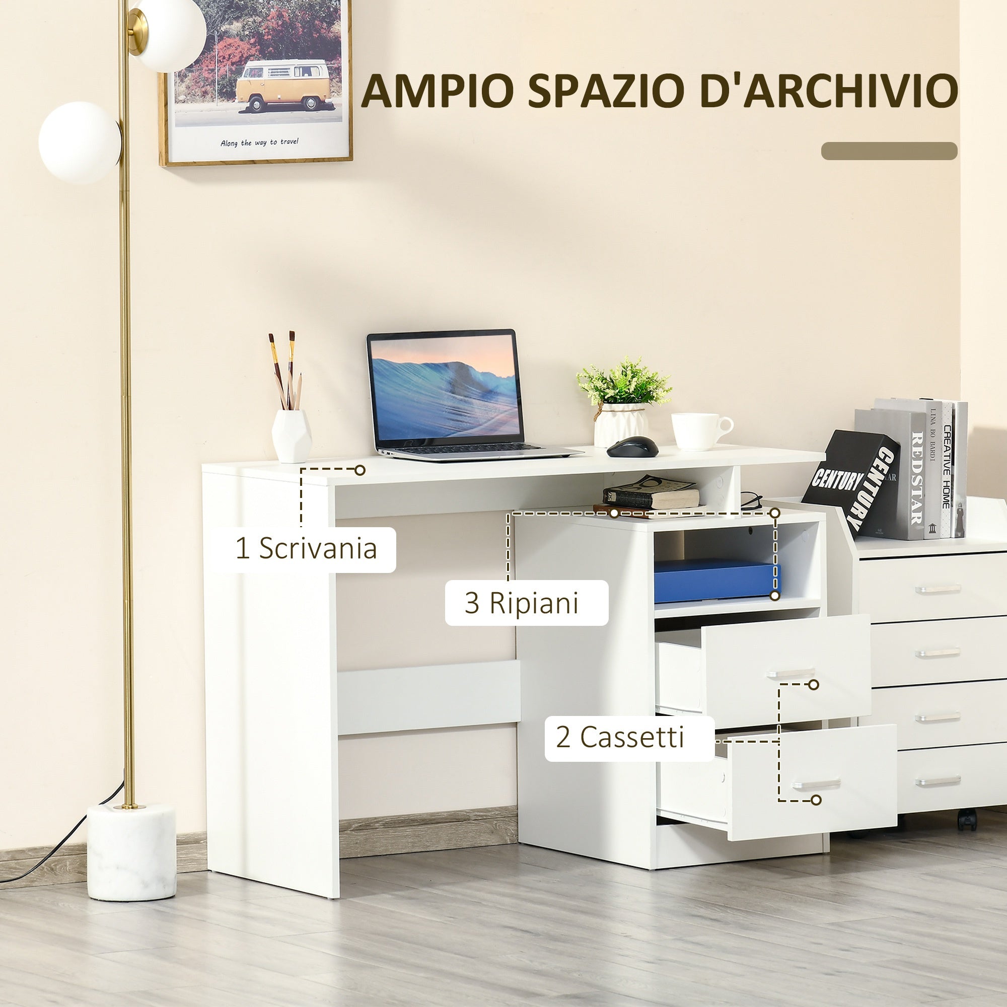 EASYCOMFORT Tavolo Scrivania Richiudibile con 4 Scompartimenti, Scrivania a  Scomparsa Rovere e Bianco 169x62x75cm