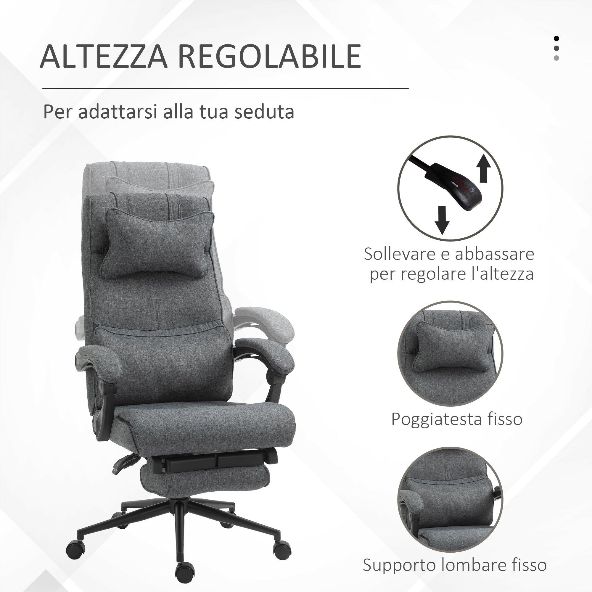 EASYCOMFORT Sedia da Ufficio Ergonomica ad Altezza Regolabile con Braccioli  e Poggiapiedi, 66x70x115-123 cm, Grigia