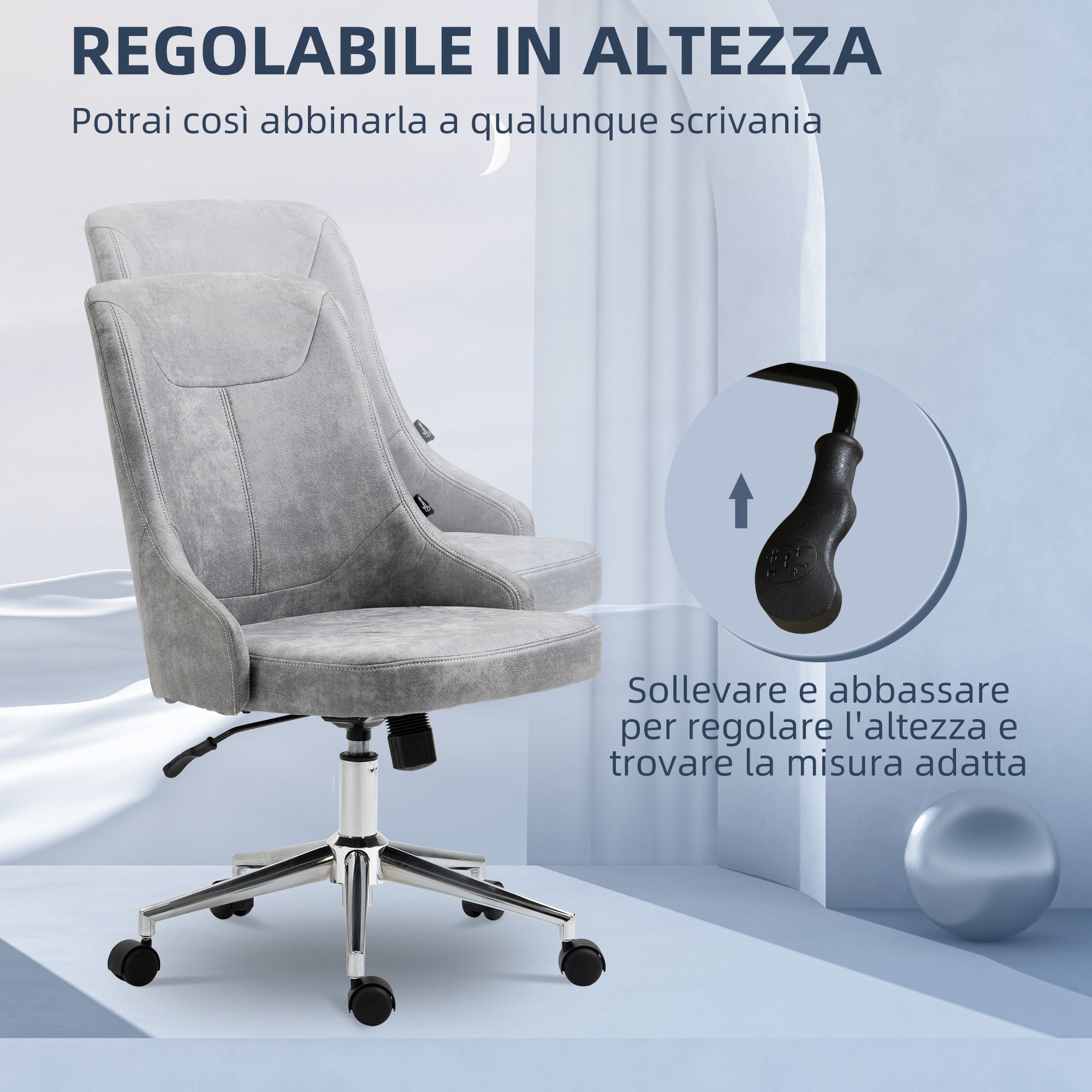 EASYCOMFORT Sedia da Ufficio Girevole Ergonomica con Ruote e Altezza  Regolabile, Rivestimento in Velluto, 63x64x88-96cm, Grigio