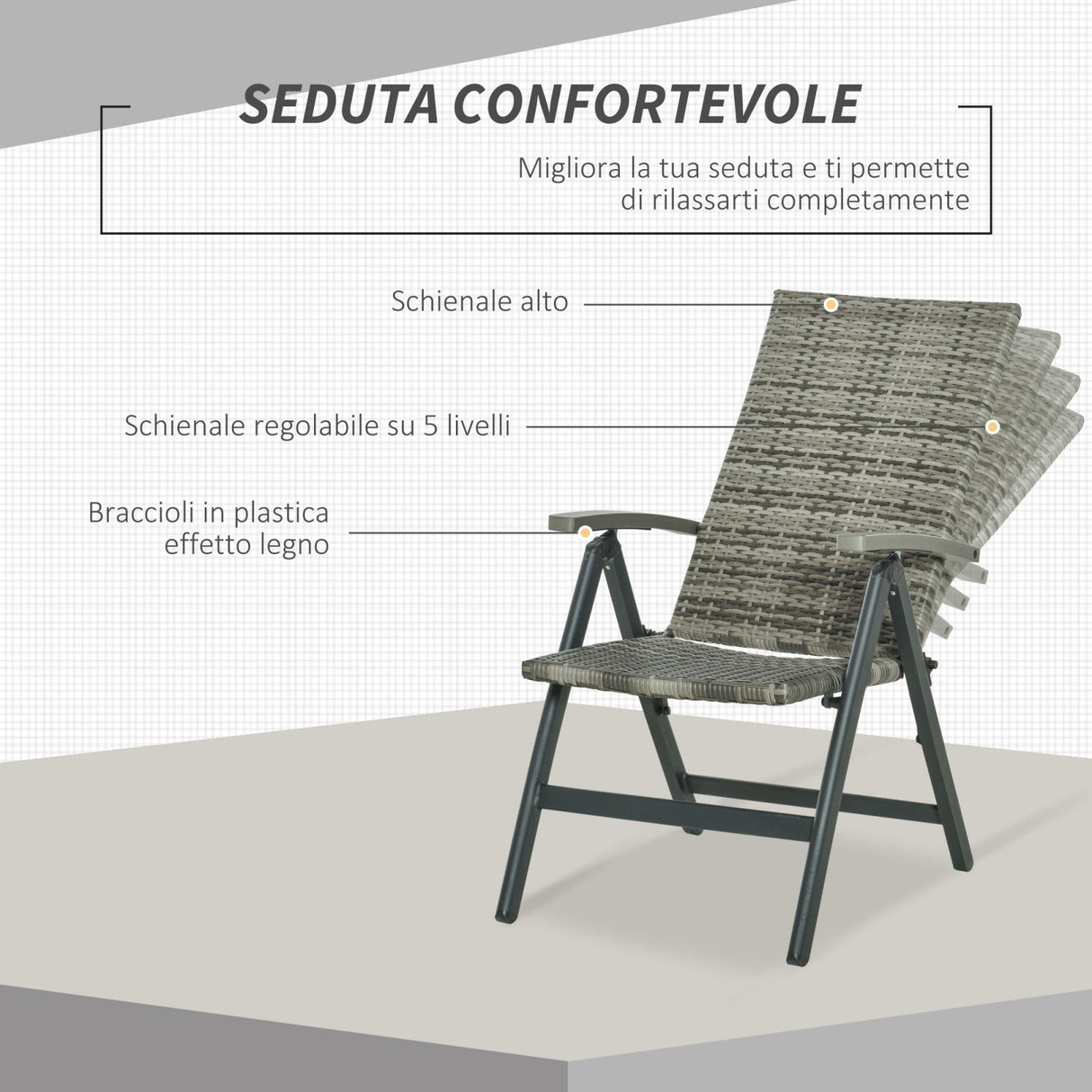 easycomfort easycomfort sedia pieghevole da giardino in rattan pe con braccioli e schienale reclinabile grigio ean 8054144139258