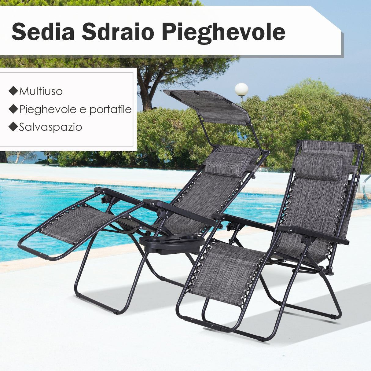 easycomfort easycomfort sedia sdraio da giardino zero gravity con tettuccio e portabicchieri grigio ean 8054144130446