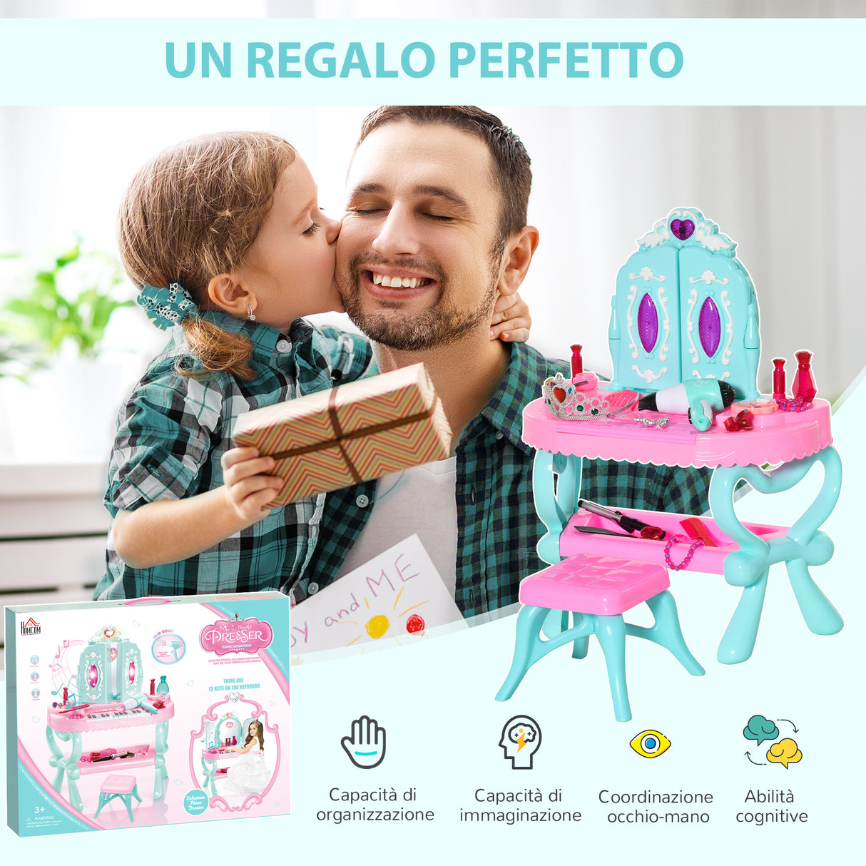 easycomfort easycomfort set 2 in 1 da 32pz per bambine 3 6 anni tavolo per trucco con accessori e pianoforte 49 5x23x66 cm blu e rosa