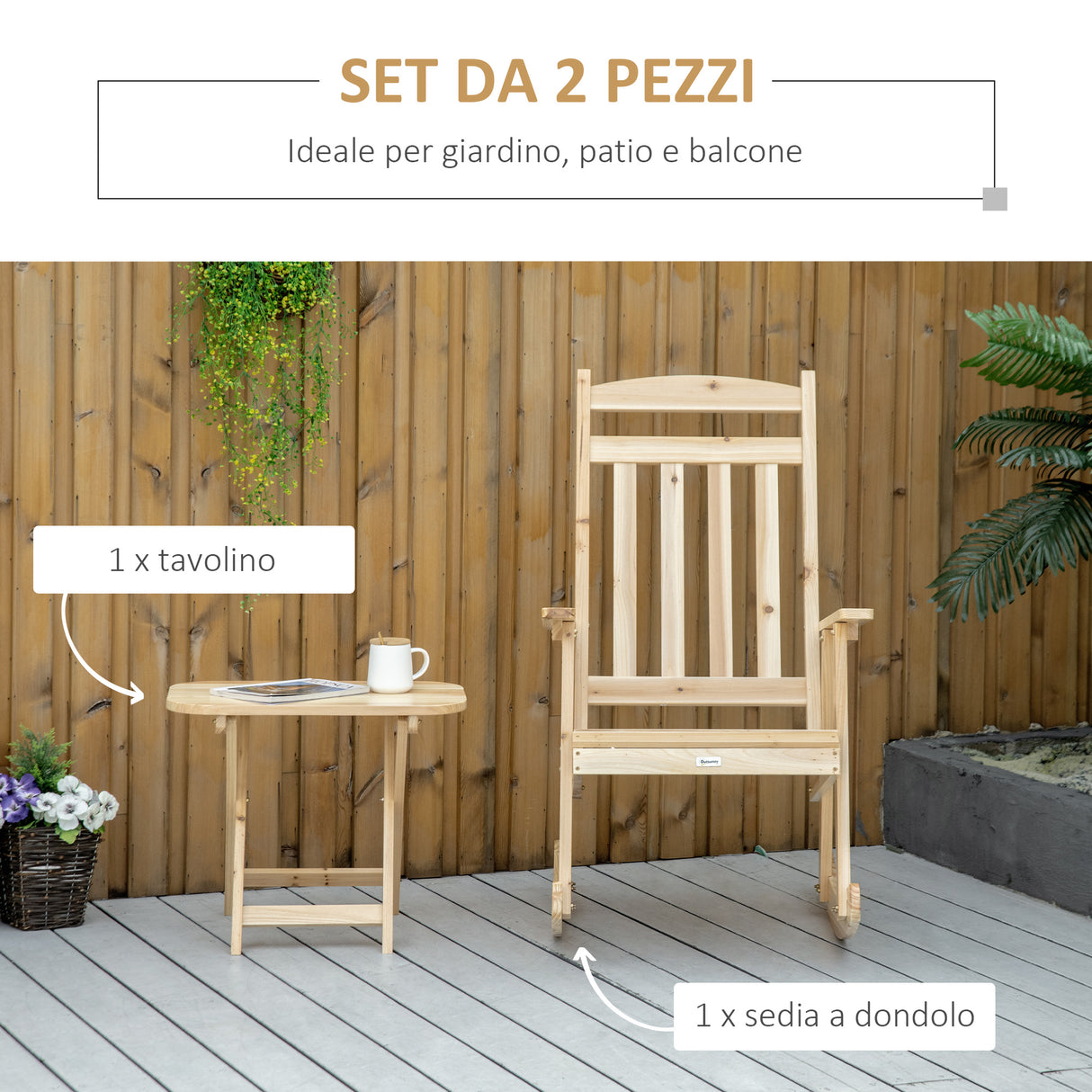 easycomfort easycomfort set 2 pz mobili da giardino con sedia a dondolo e tavolino pieghevole in legno di abete