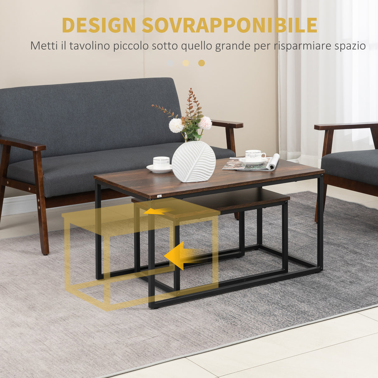 easycomfort easycomfort set 2 tavolini da caffe impilabili in stile industriale in legno e acciaio marrone e nero