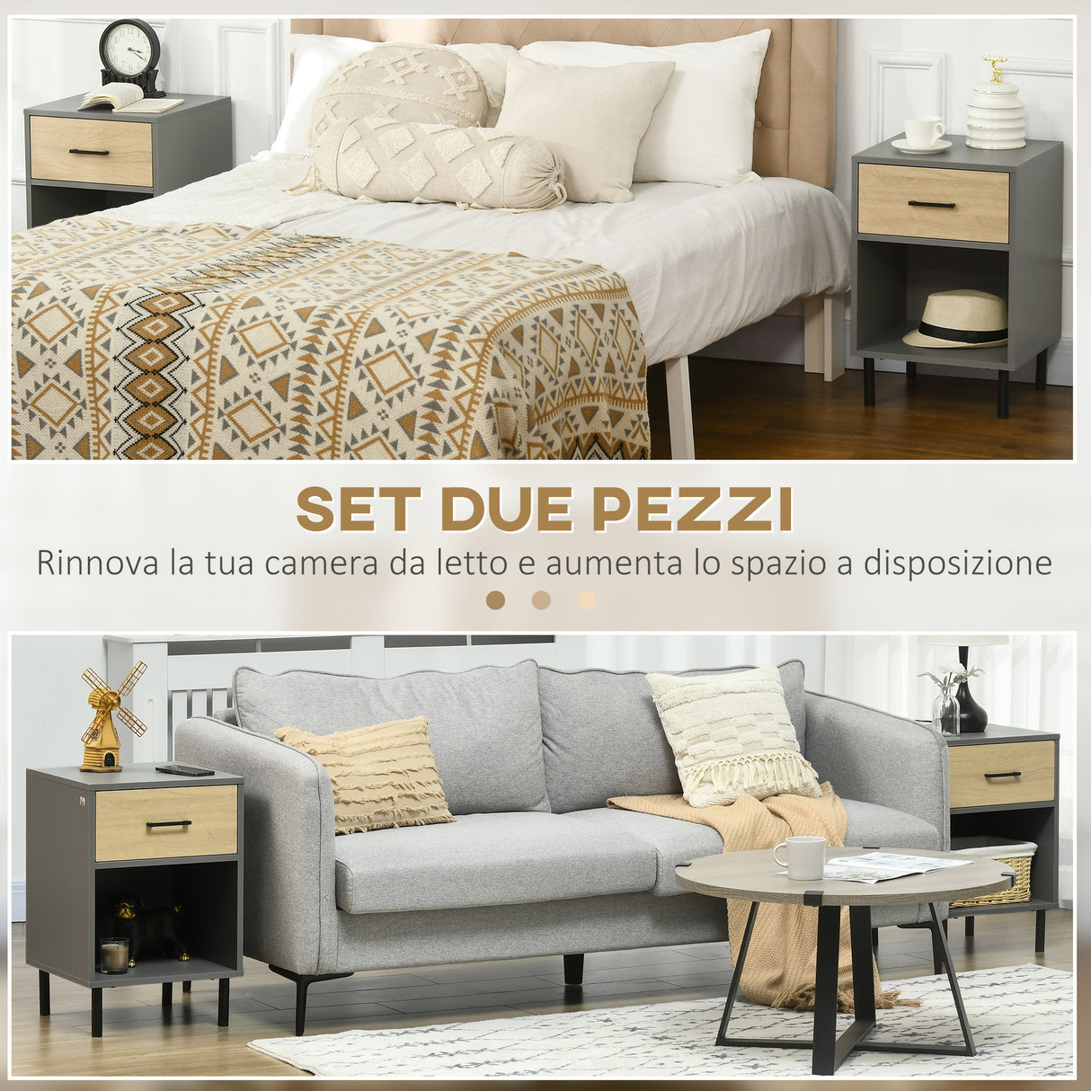 easycomfort easycomfort set da 2 comodini moderni con ripiano aperto e cassetto in truciolato e metallo 40x40px60cm